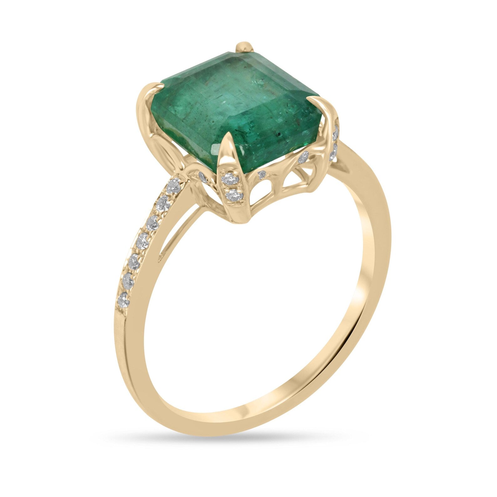 14K gold engagement ring with 3.50tcw natural emerald center stone, hidden diamond halo, and detailed band from JR Colombian Emeralds