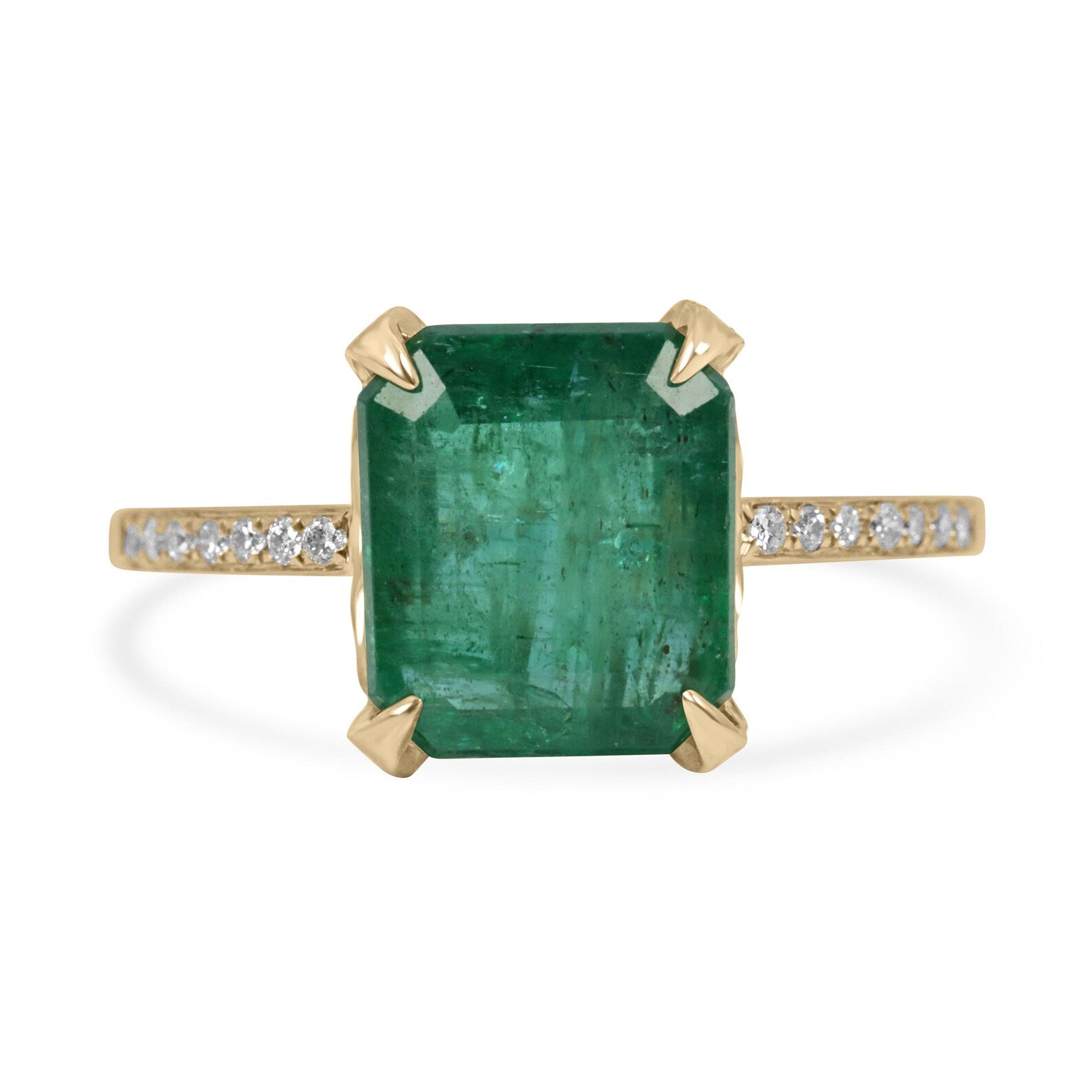 14K gold engagement ring with 3.50tcw natural emerald center stone, hidden diamond halo, and detailed shank by JR Colombian Emeralds