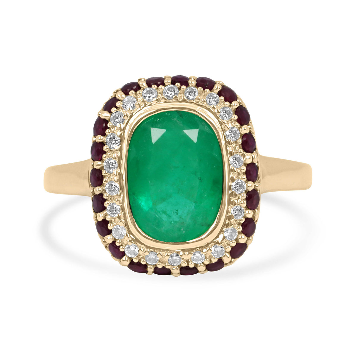 3.51tcw Cushion Cut Colombian Emerald & Ruby + Diamond Halo 14K Ring