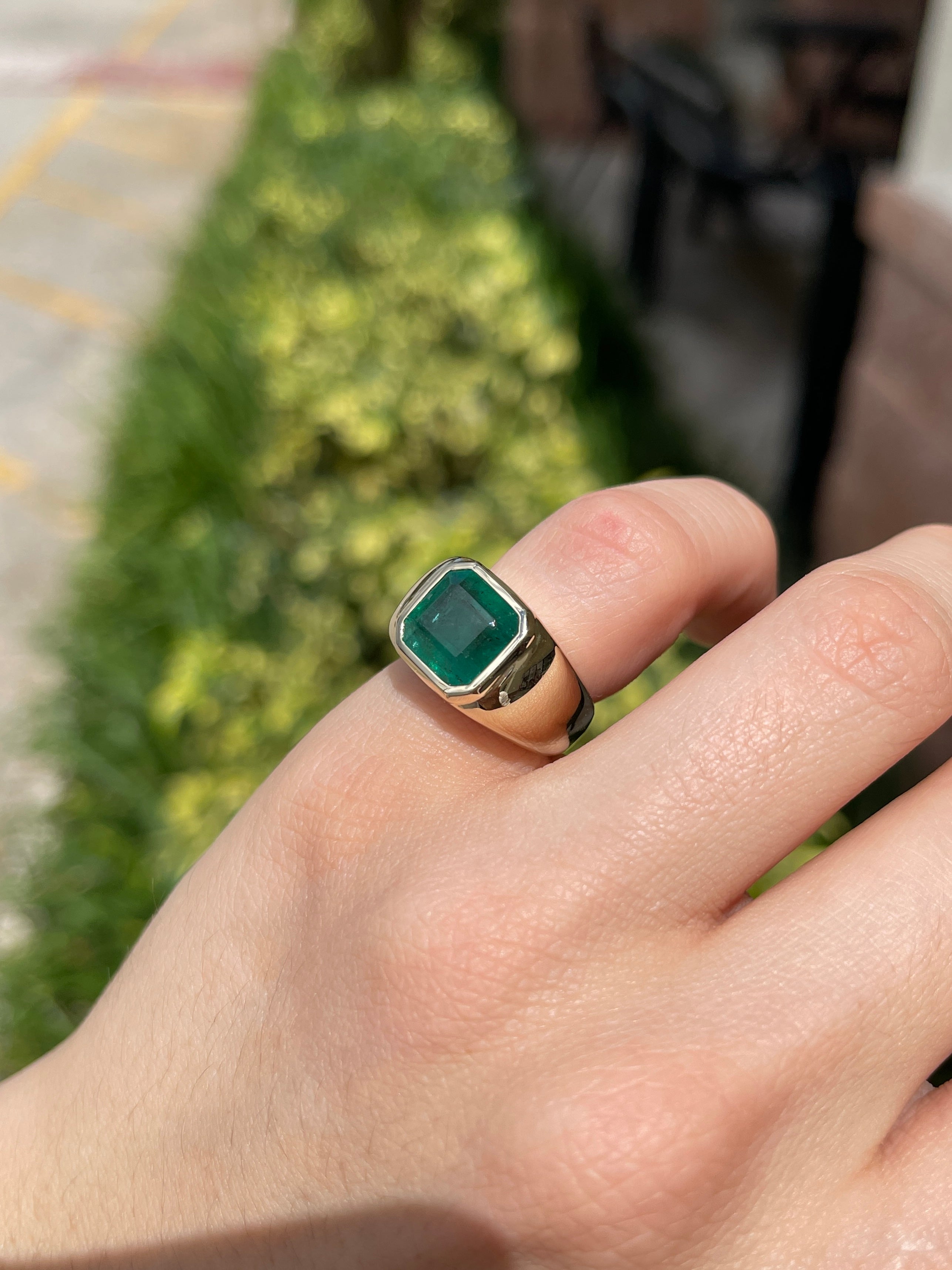 4.40 Carat Wide Earth Mined Emerald Asscher Cut Unisex Bezel Signet Pinky Ring 14K - JR Colombian Emeralds