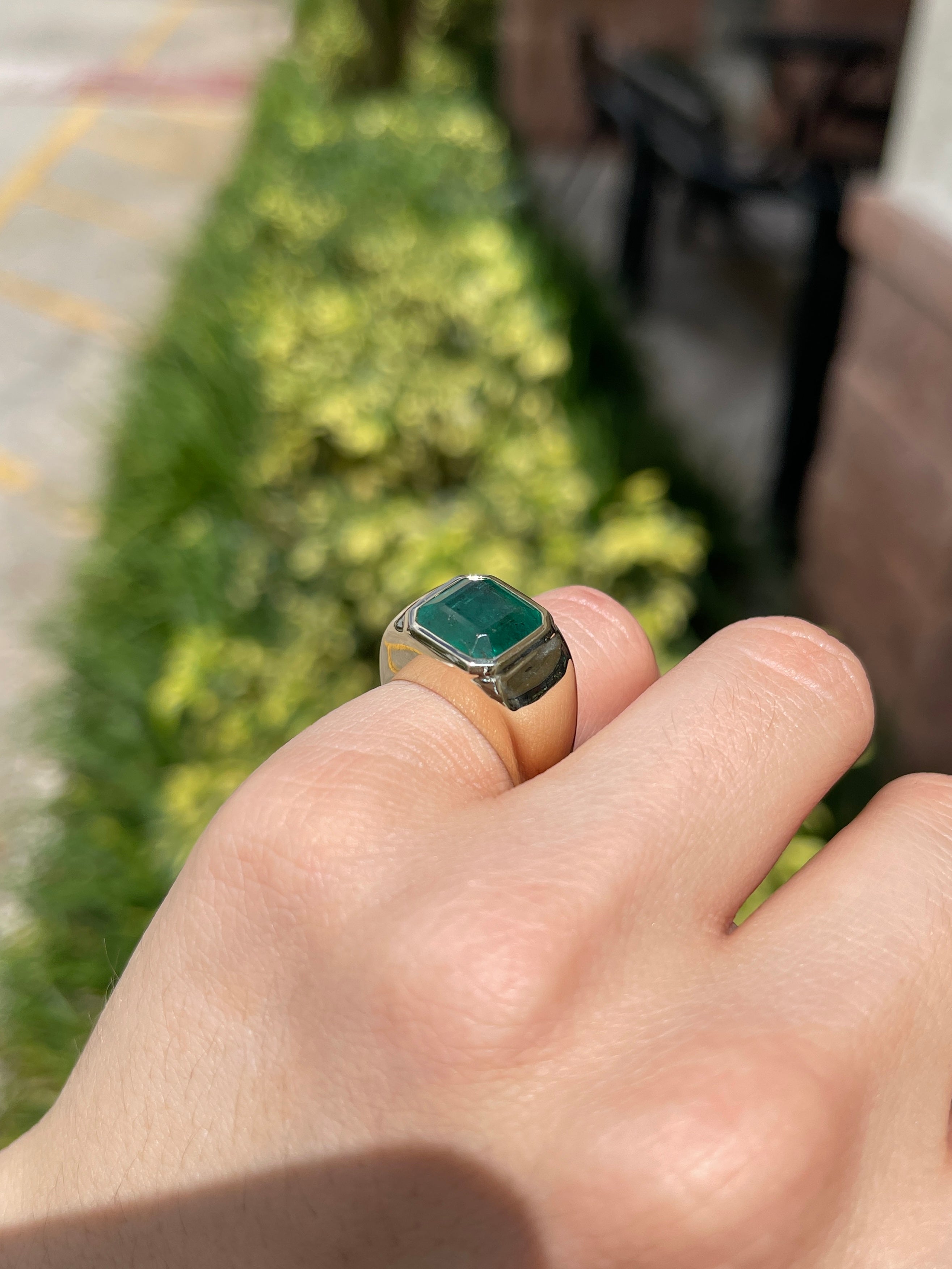 4.40 Carat Wide Earth Mined Emerald Asscher Cut Unisex Bezel Signet Pinky Ring 14K - JR Colombian Emeralds