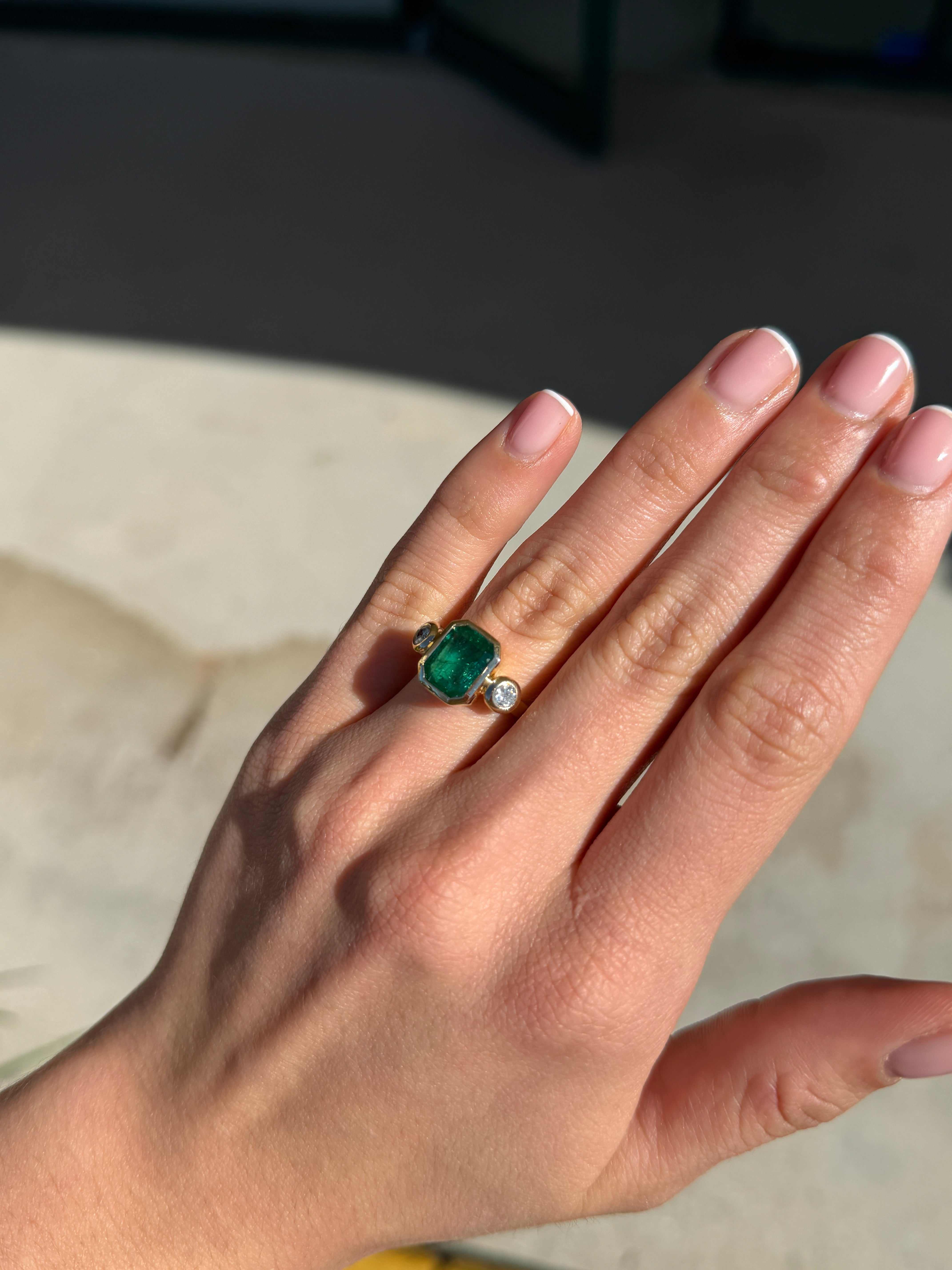 4.53tcw Natural Dark Emerald & Round Diamond Three Stone Ring 18K - JR Colombian Emeralds