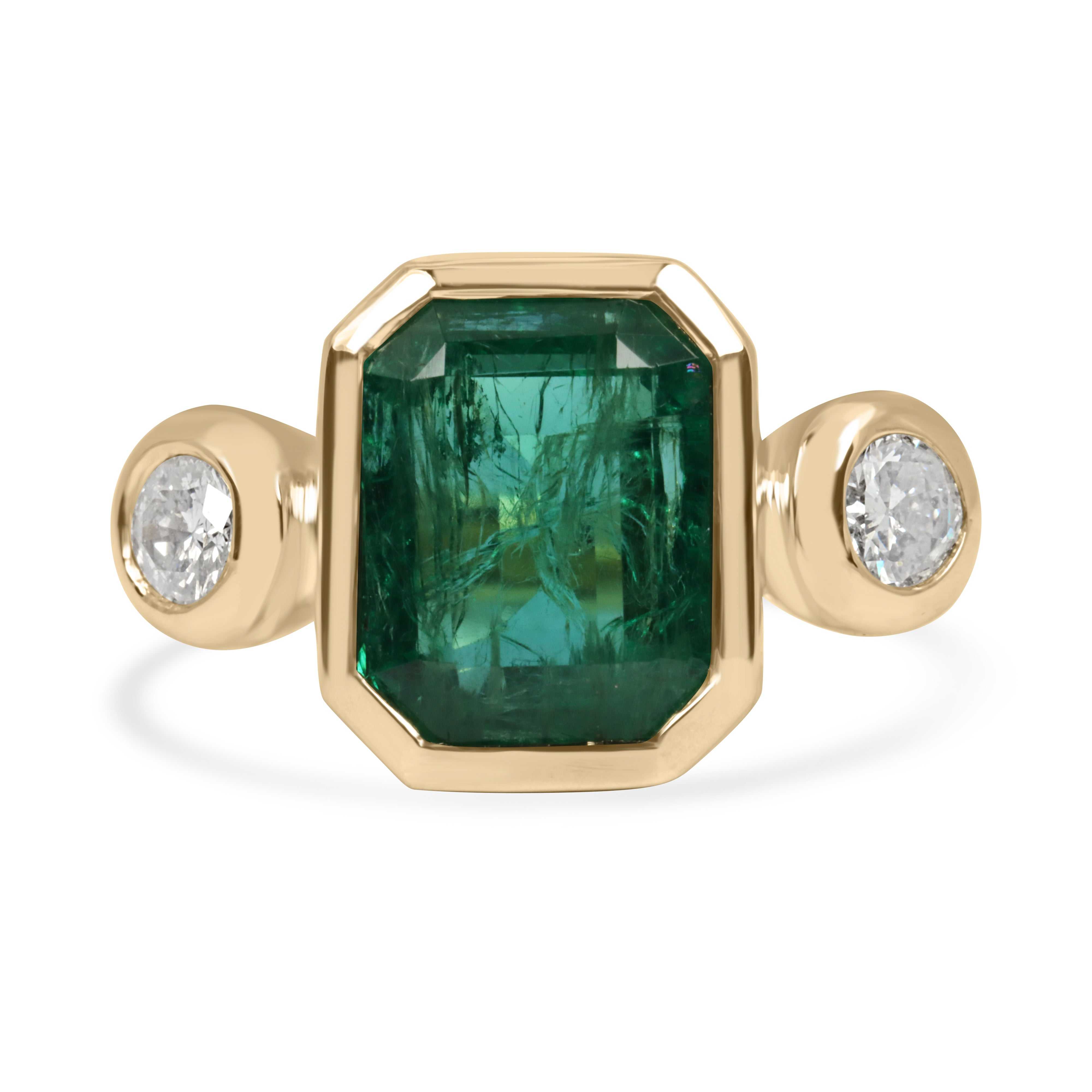 Natural dark emerald and round diamonds three-stone ring featuring 4.53tcw in 18K gold by JR Colombian Emeralds
