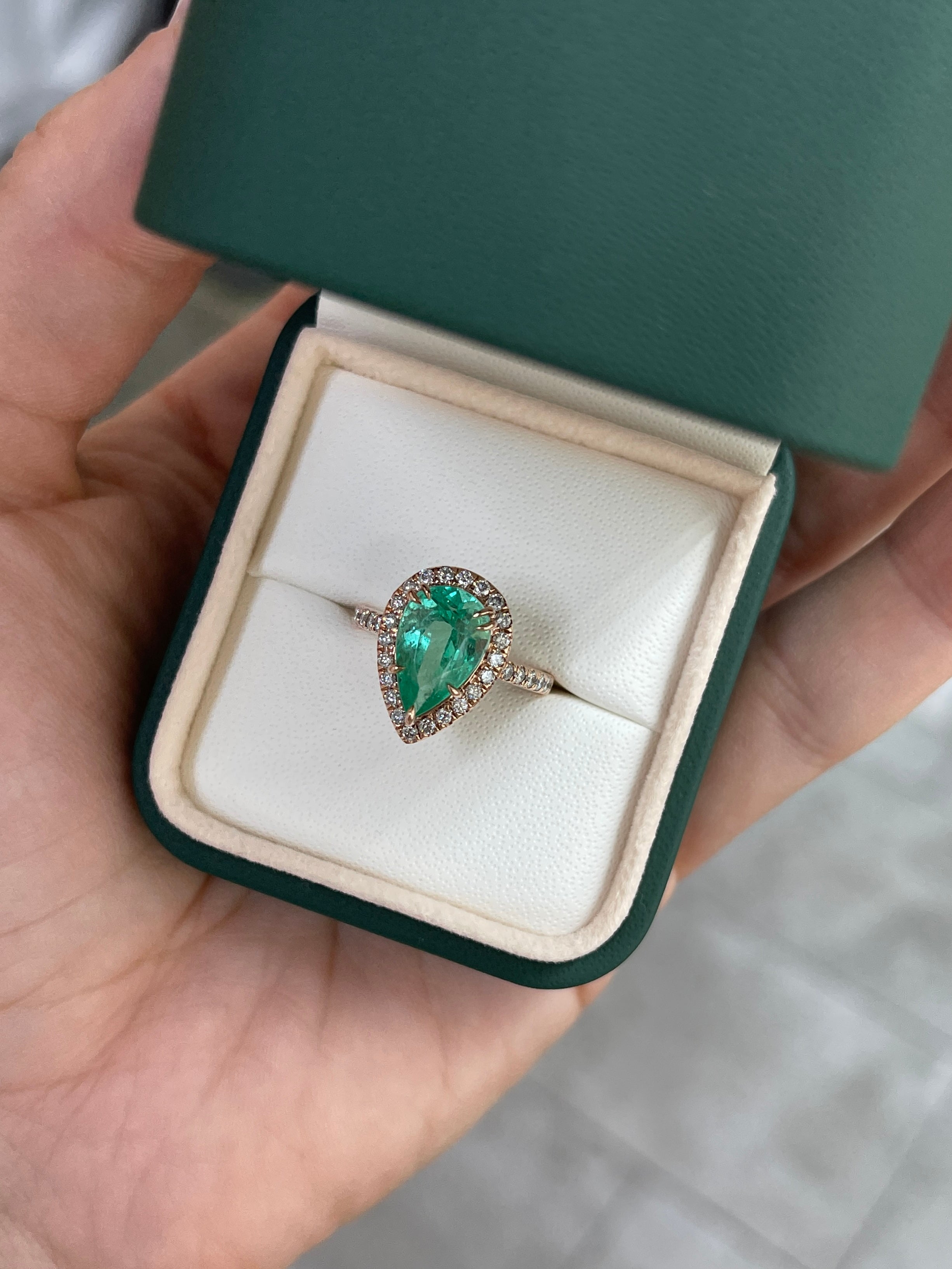 14K rose gold engagement ring with 3.44tcw pear-shaped emerald and diamond halo and shank by JR Colombian Emeralds