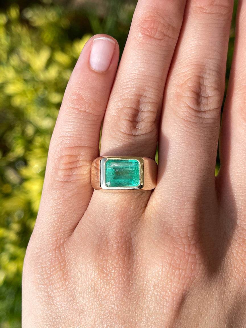 3.68 Carats  Bezel Emerald Cut Colombian Emerald Signet Ring 18K