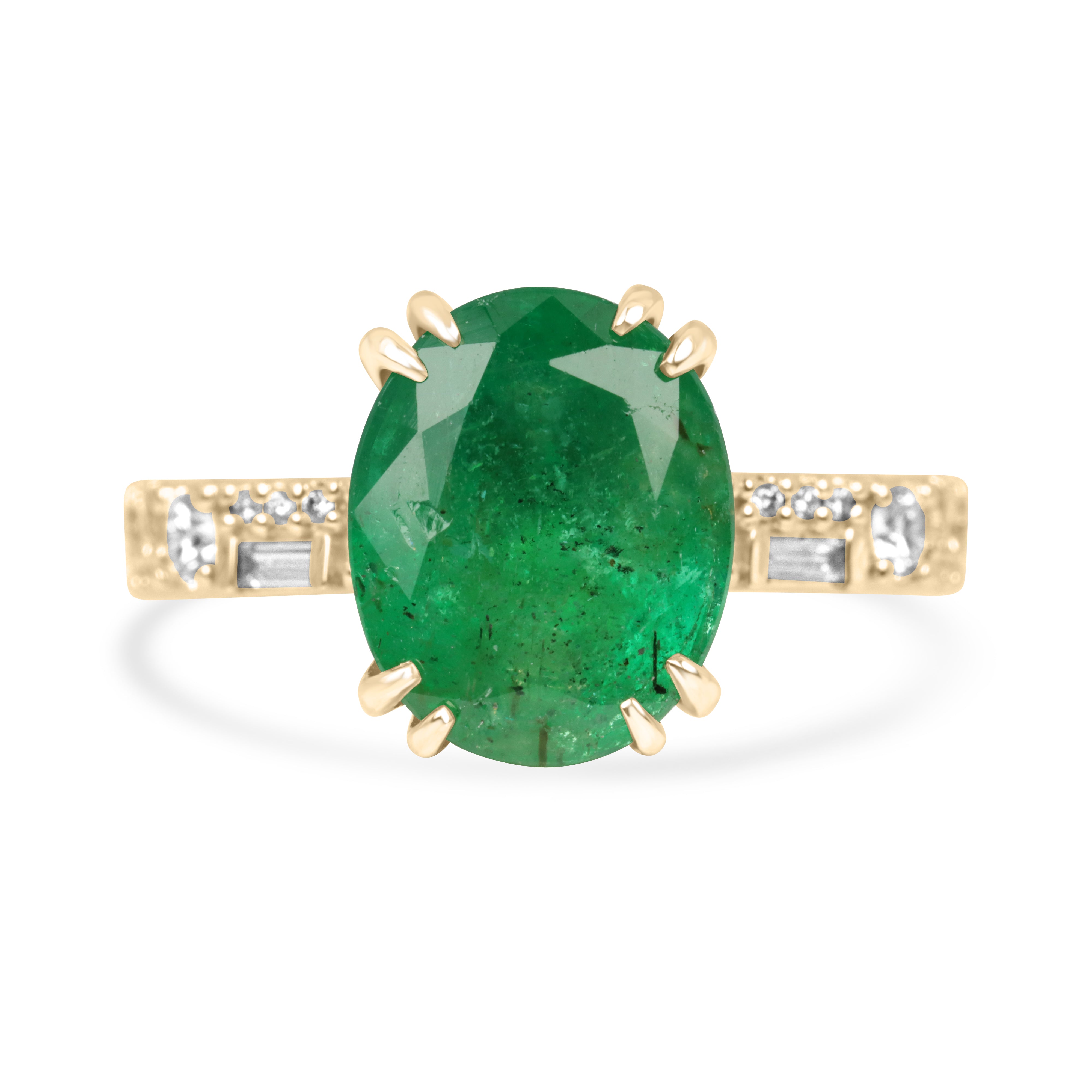 Oval emerald and lab diamond accented band in 14K gold with 4.35tcw from JR Colombian Emeralds, detailed close-up of the jewelry.