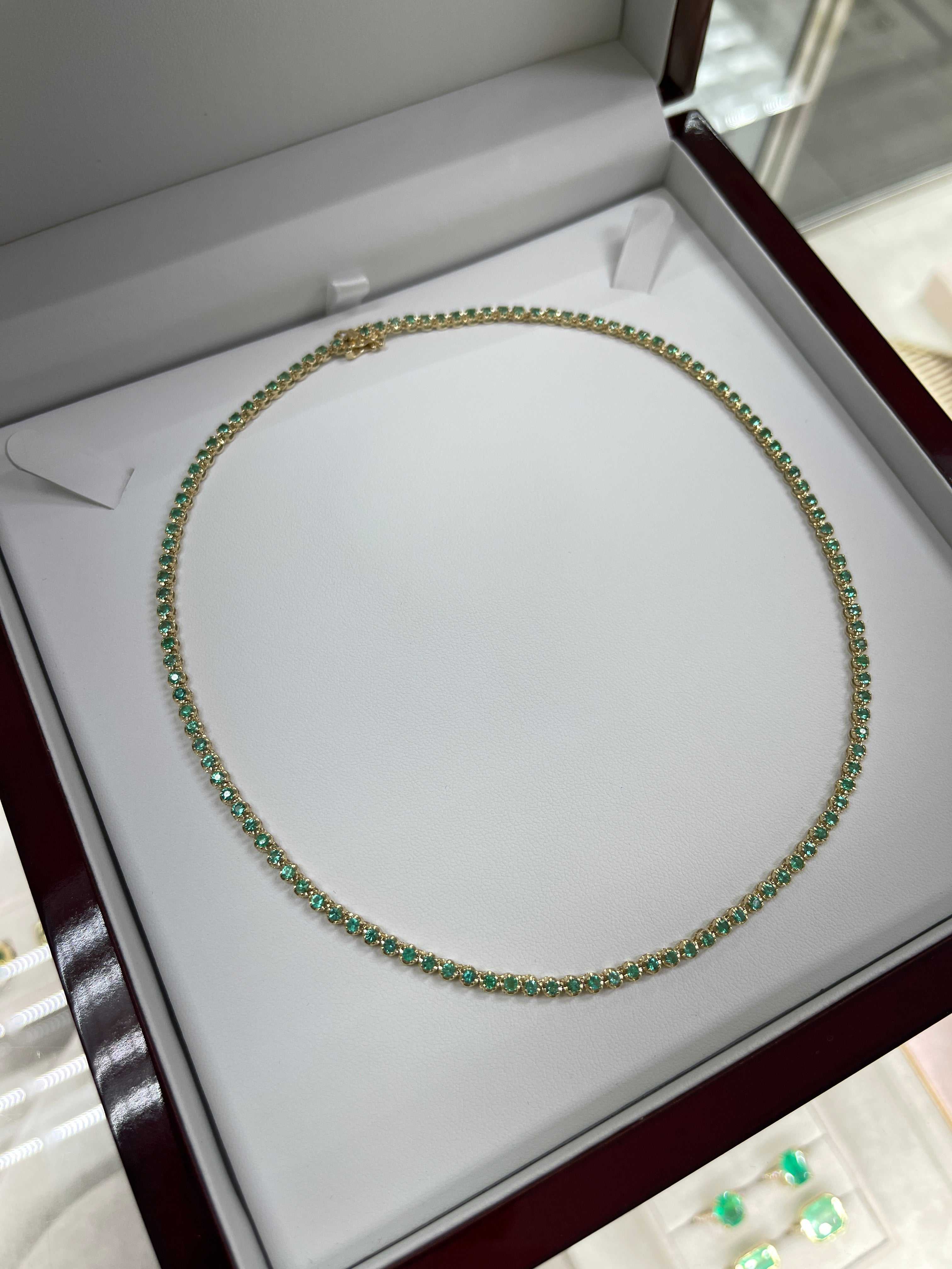 Green emerald round prong tennis necklace with 8.20tcw in 14K gold, 17 inches long, by JR Colombian Emeralds.