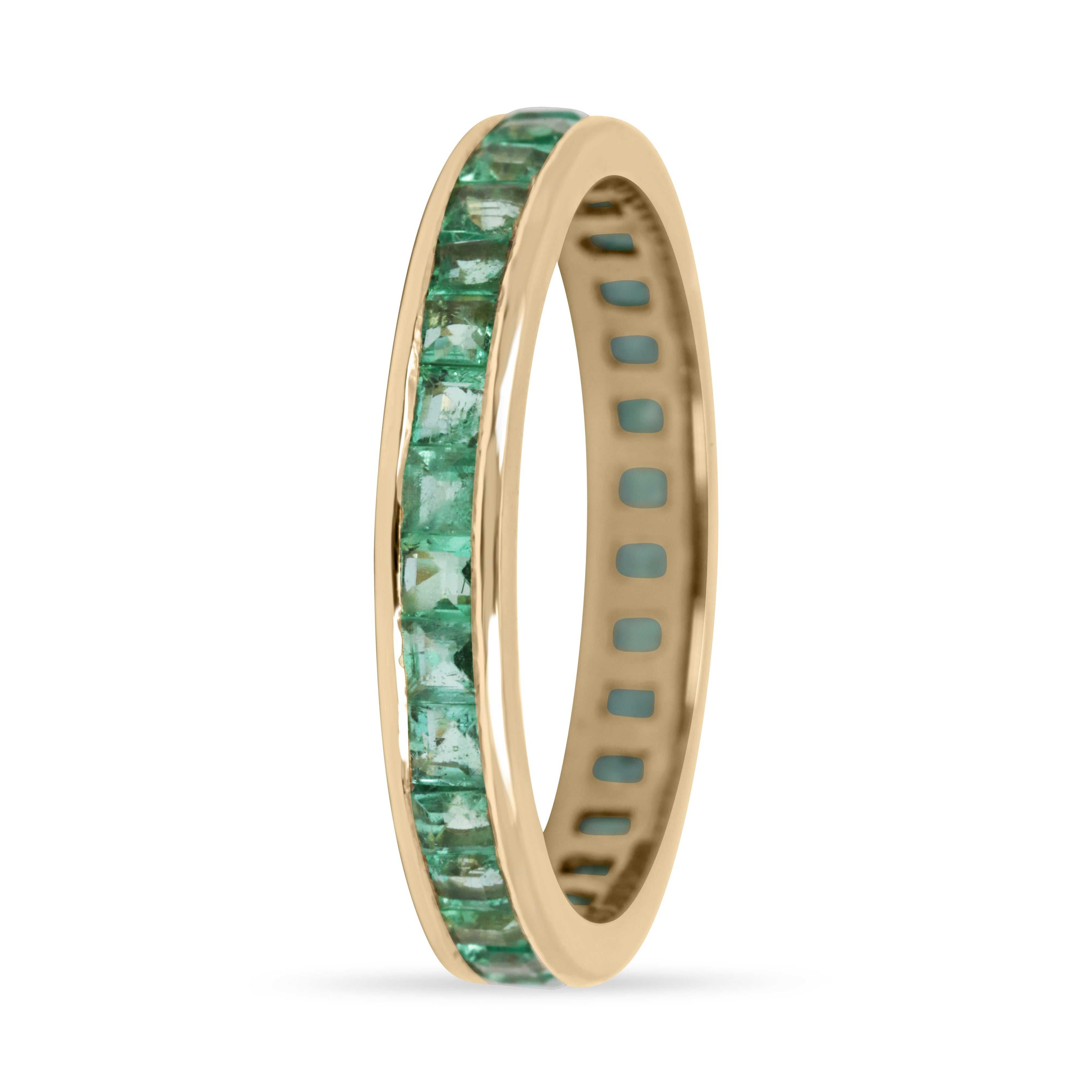 14K gold eternity band with 1.44tcw princess cut emeralds in a channel setting, from JR Colombian Emeralds.
