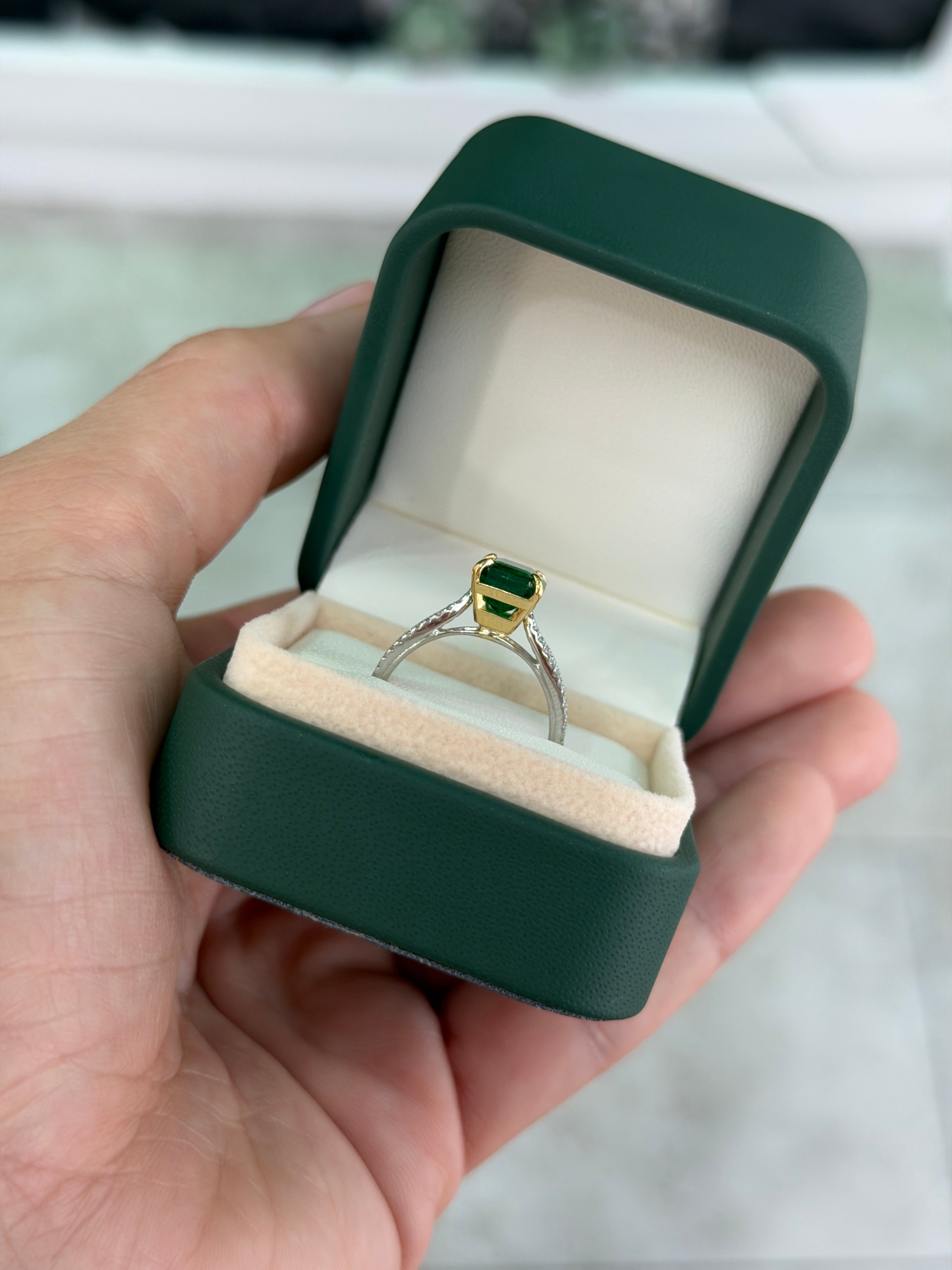 Deep green emerald and diamond split shank engagement ring with 2.75tcw in 18K/plat by JR Colombian Emeralds, showcasing intricate design.