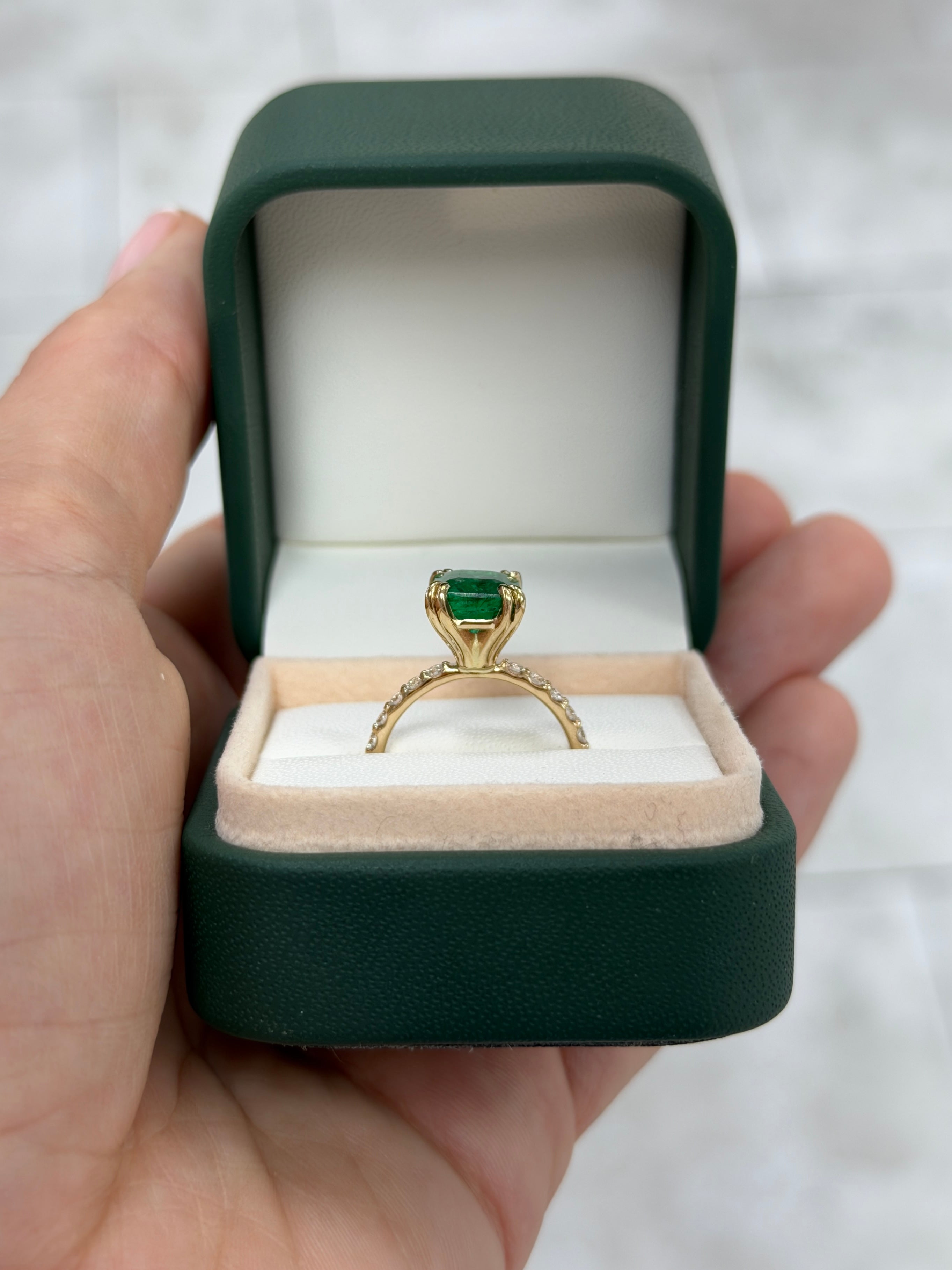 Emerald solitaire engagement ring with diamond accents, 14K gold, featuring a 3.47-carat double prong design by JR Colombian Emeralds