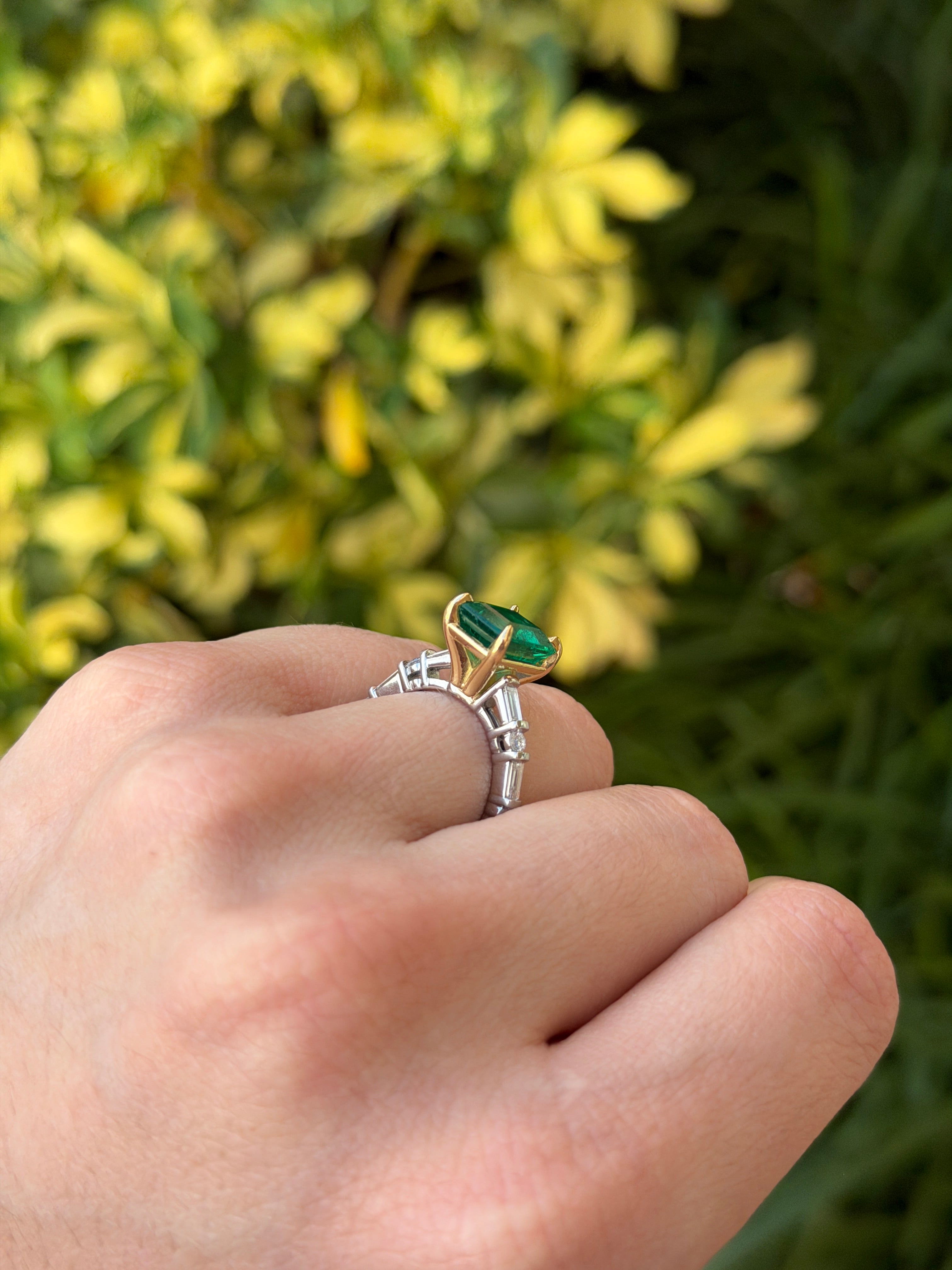 18K gold engagement ring featuring a 3.55-carat vivid natural emerald with platinum diamond baguette accents by JR Colombian Emeralds.