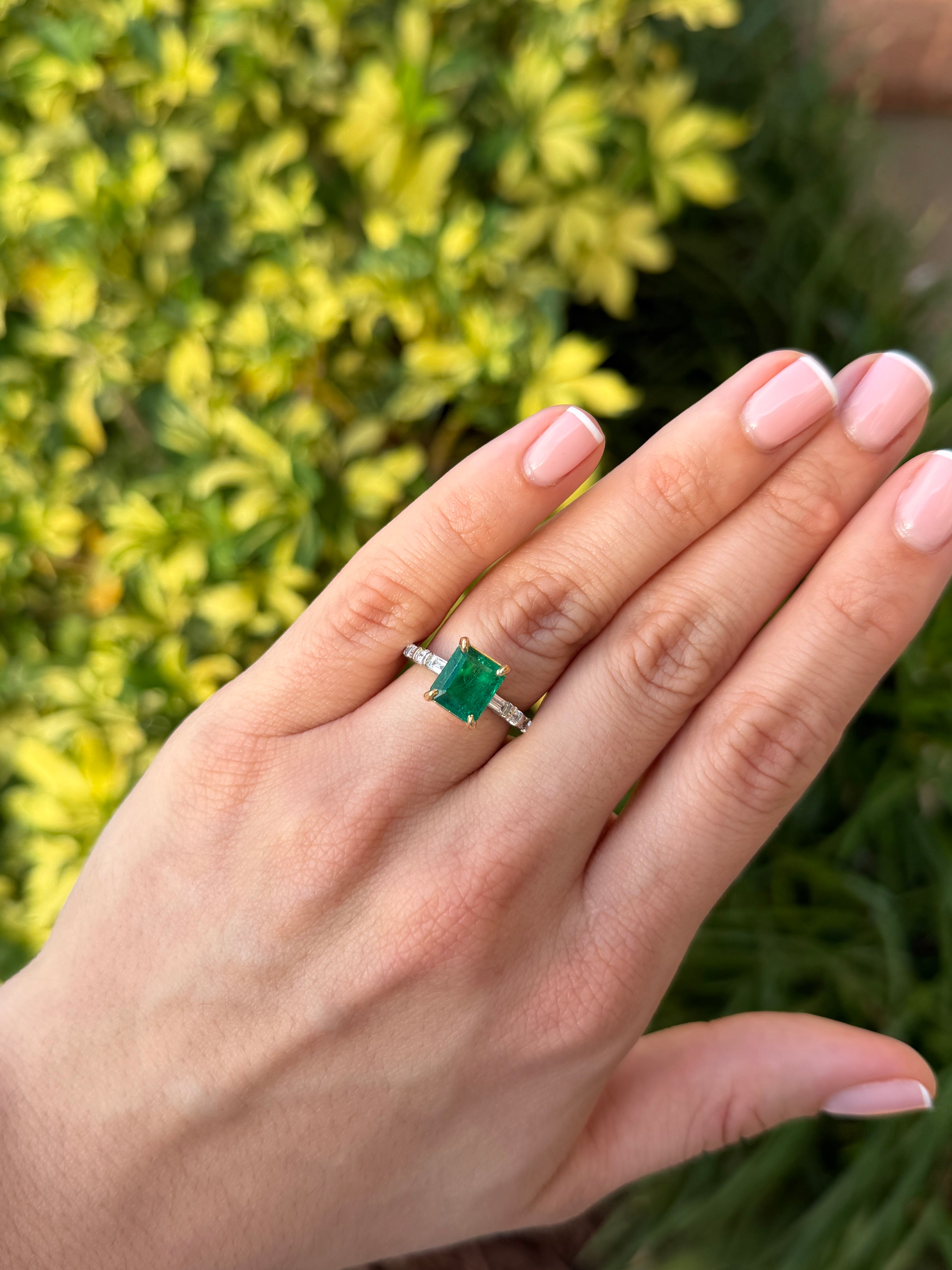 18K yellow gold engagement ring with 3.55tcw vivid natural emerald and platinum diamond baguette accents, from JR Colombian Emeralds