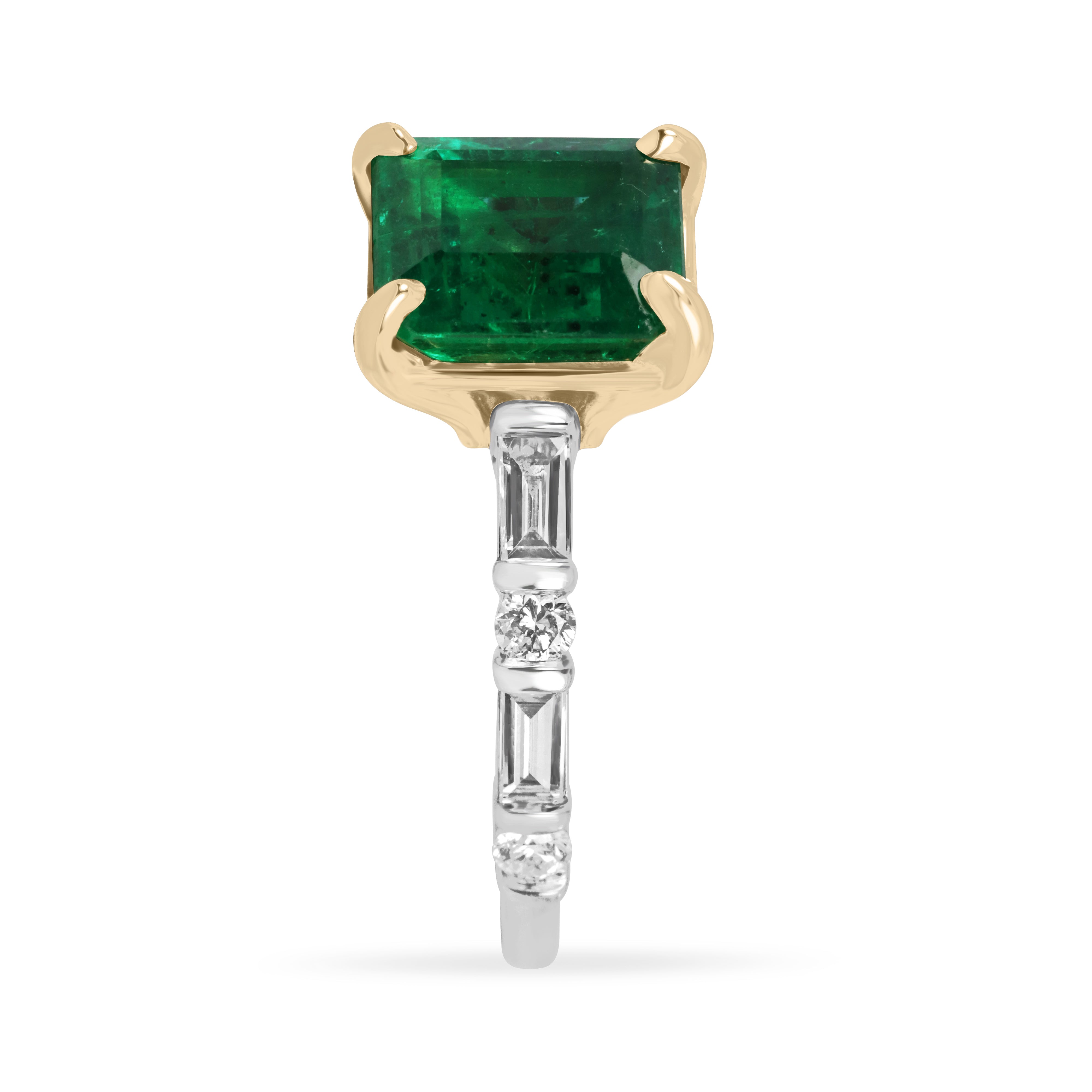 Vivid natural emerald and platinum diamond baguette engagement ring with 3.55tcw from JR Colombian Emeralds.
