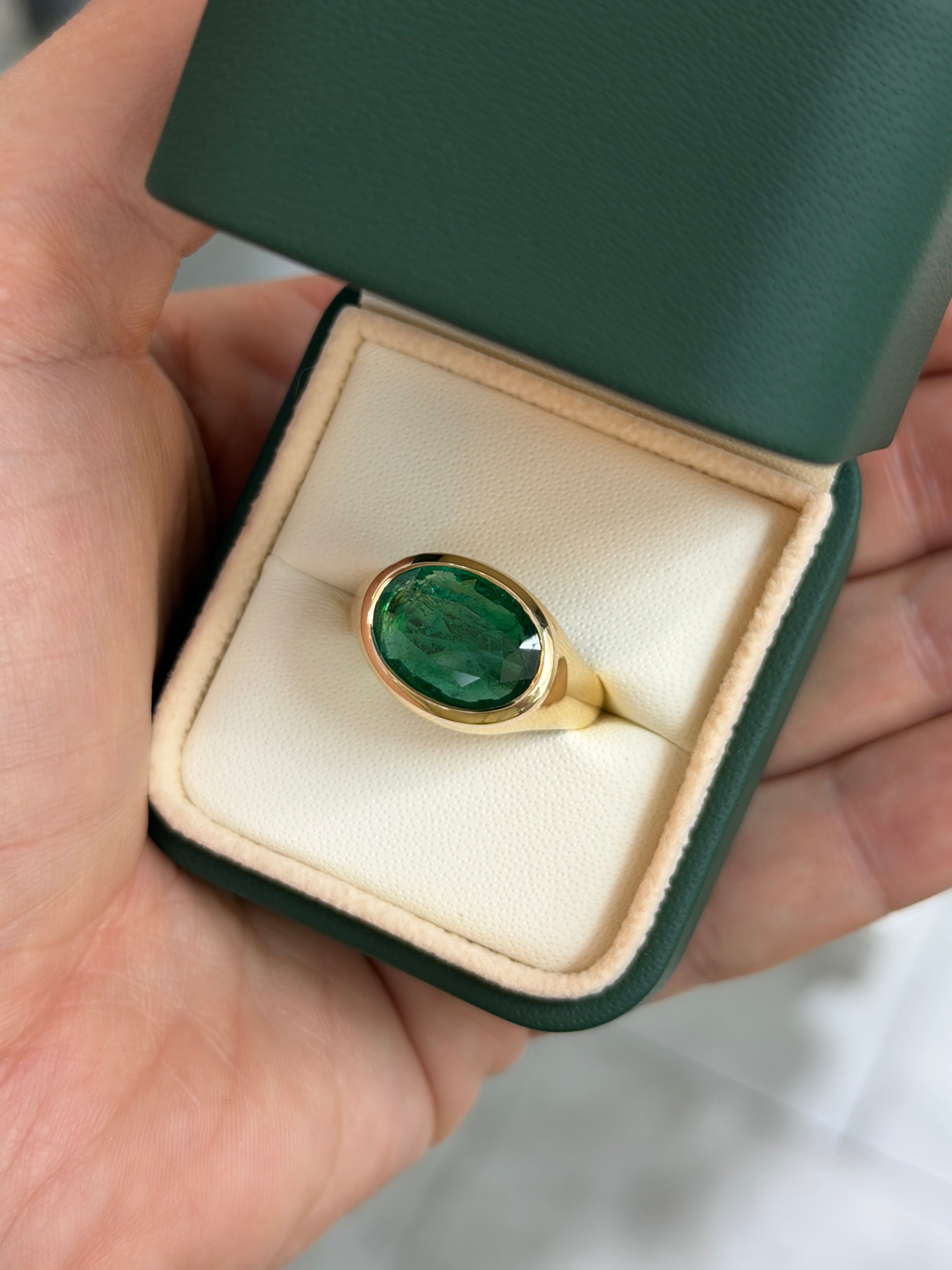 5.87 Carat East to West Oval Emerald Signet Ring 14K Gold