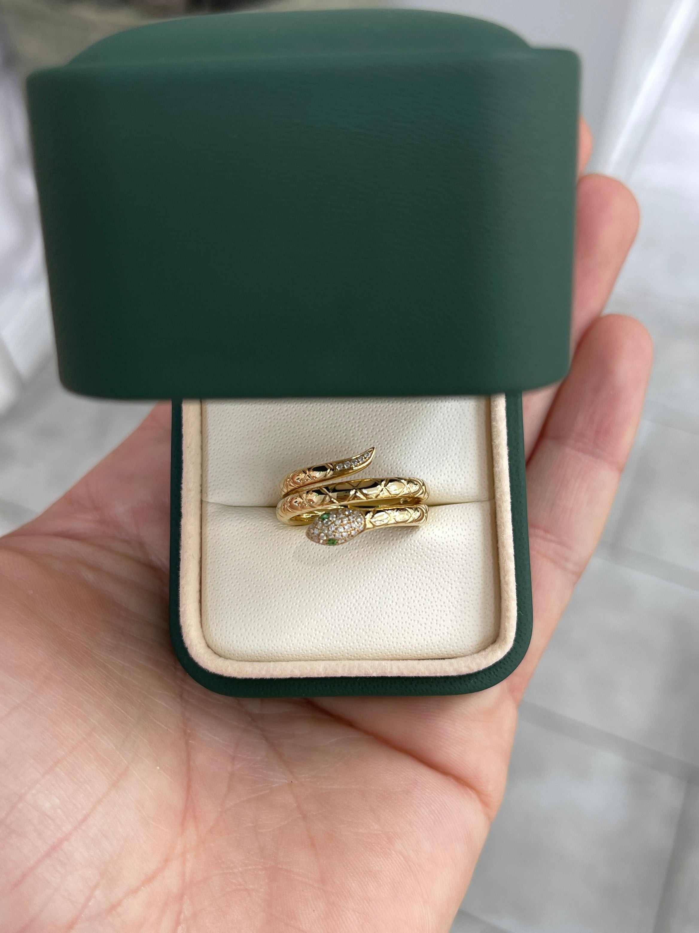 Emerald & Diamond Snake Ring 14K Gold - JR Colombian Emeralds