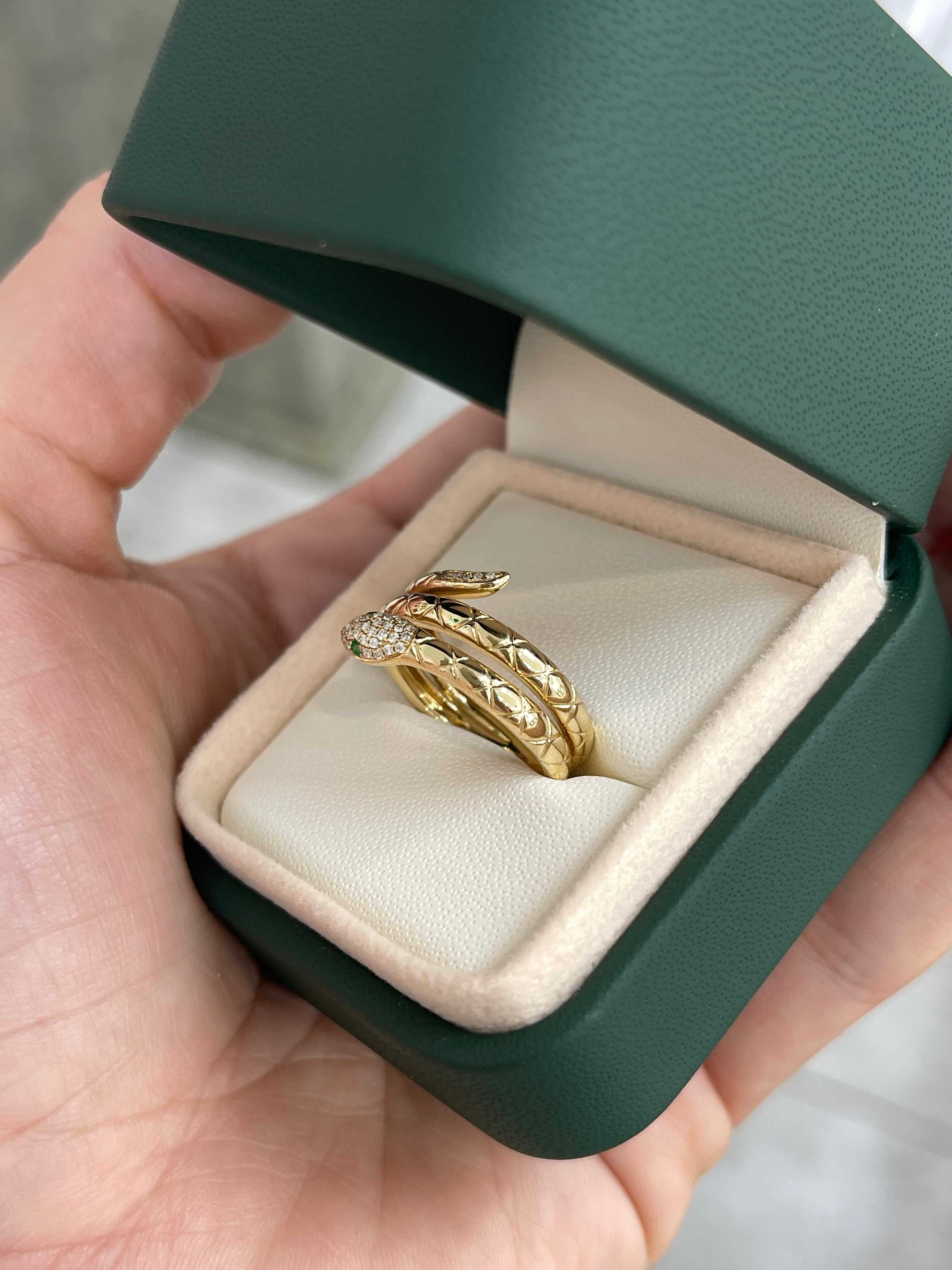 Emerald & Diamond Snake Ring 14K Gold - JR Colombian Emeralds