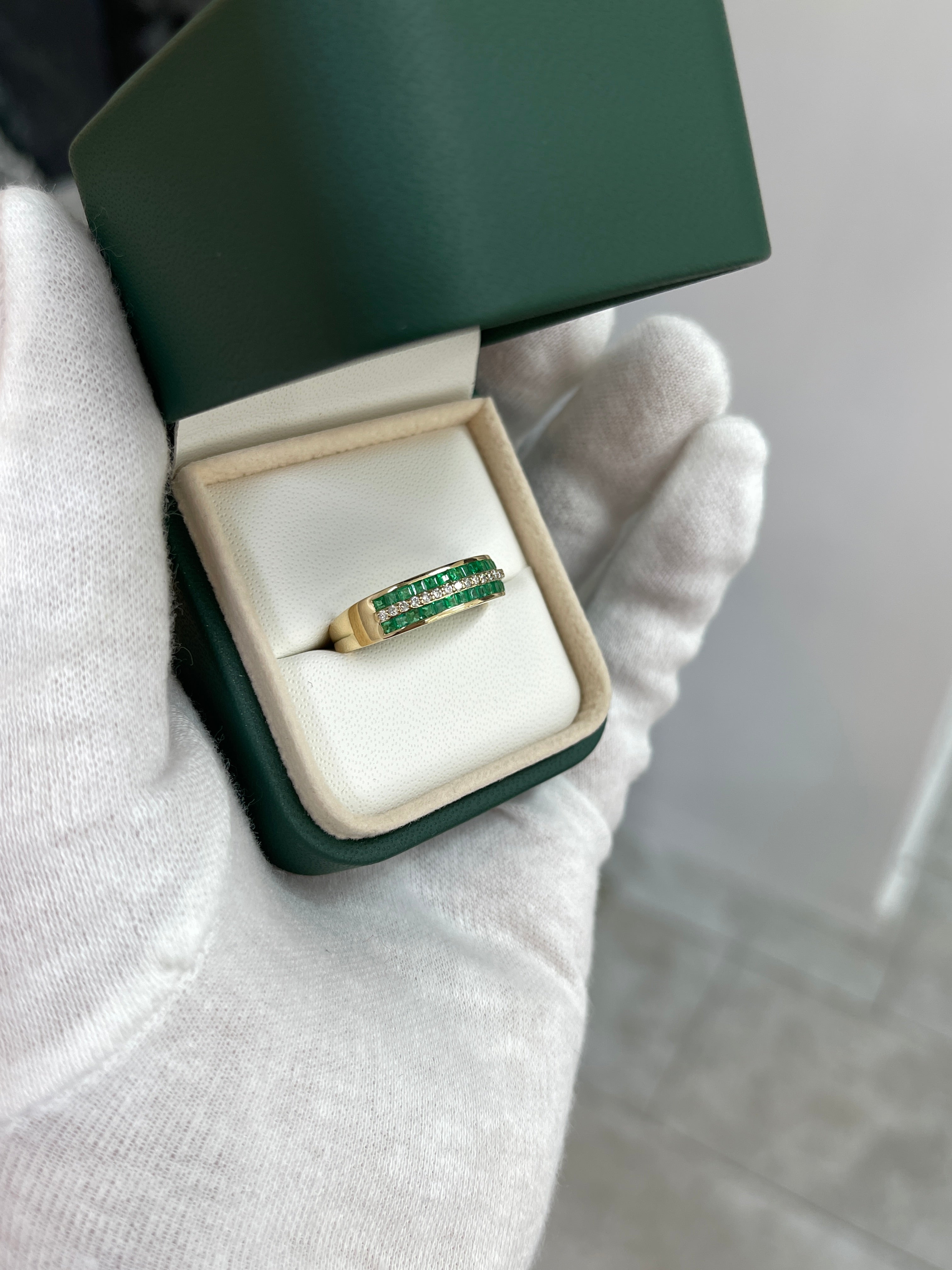 Three-row square emerald and diamond wedding band in 14K gold with a 6mm width, featuring JR Colombian Emeralds branding.