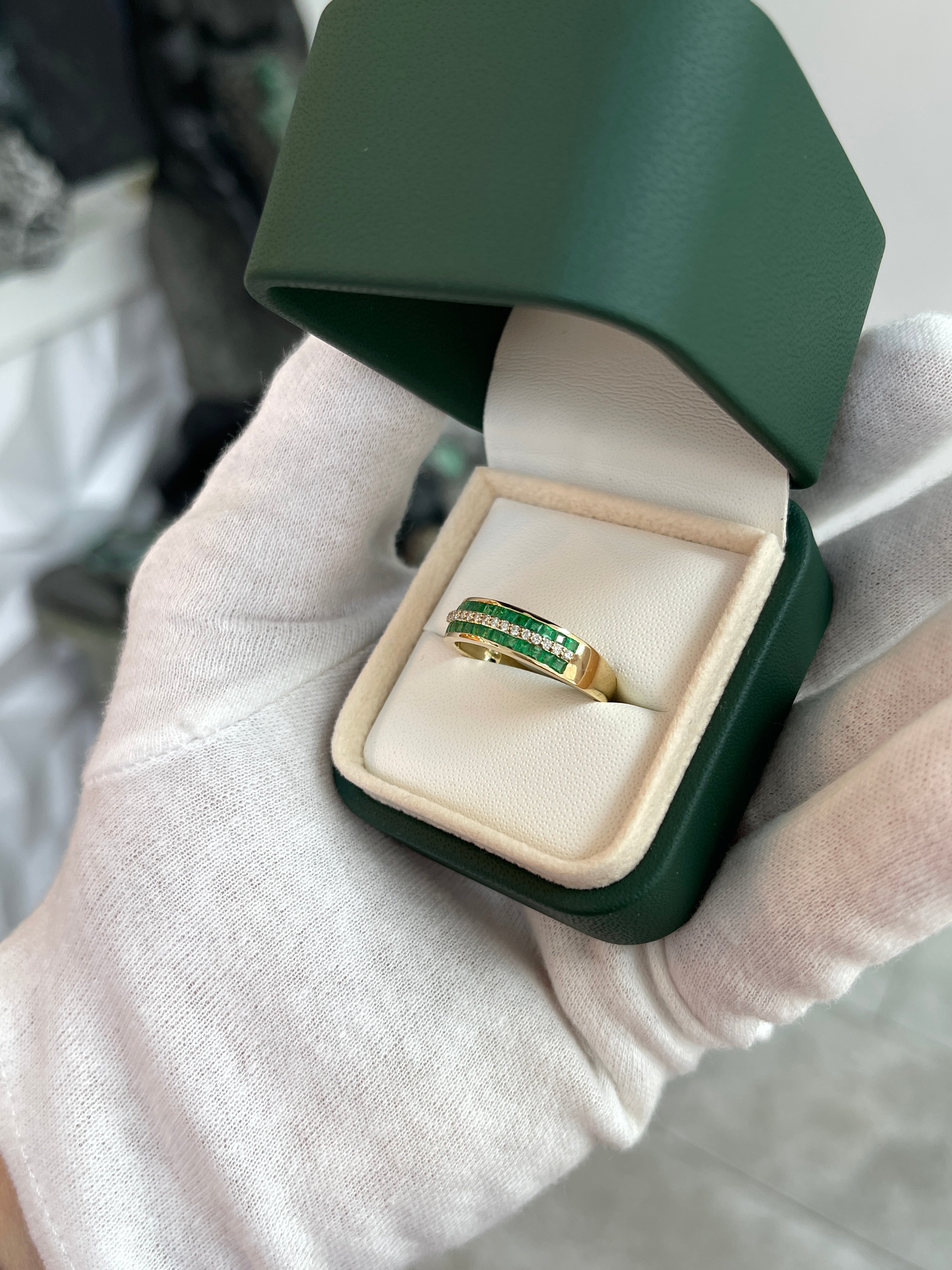 Three Row Square Emerald & Diamond Wedding Band 6mm 14K Gold - JR Colombian Emeralds