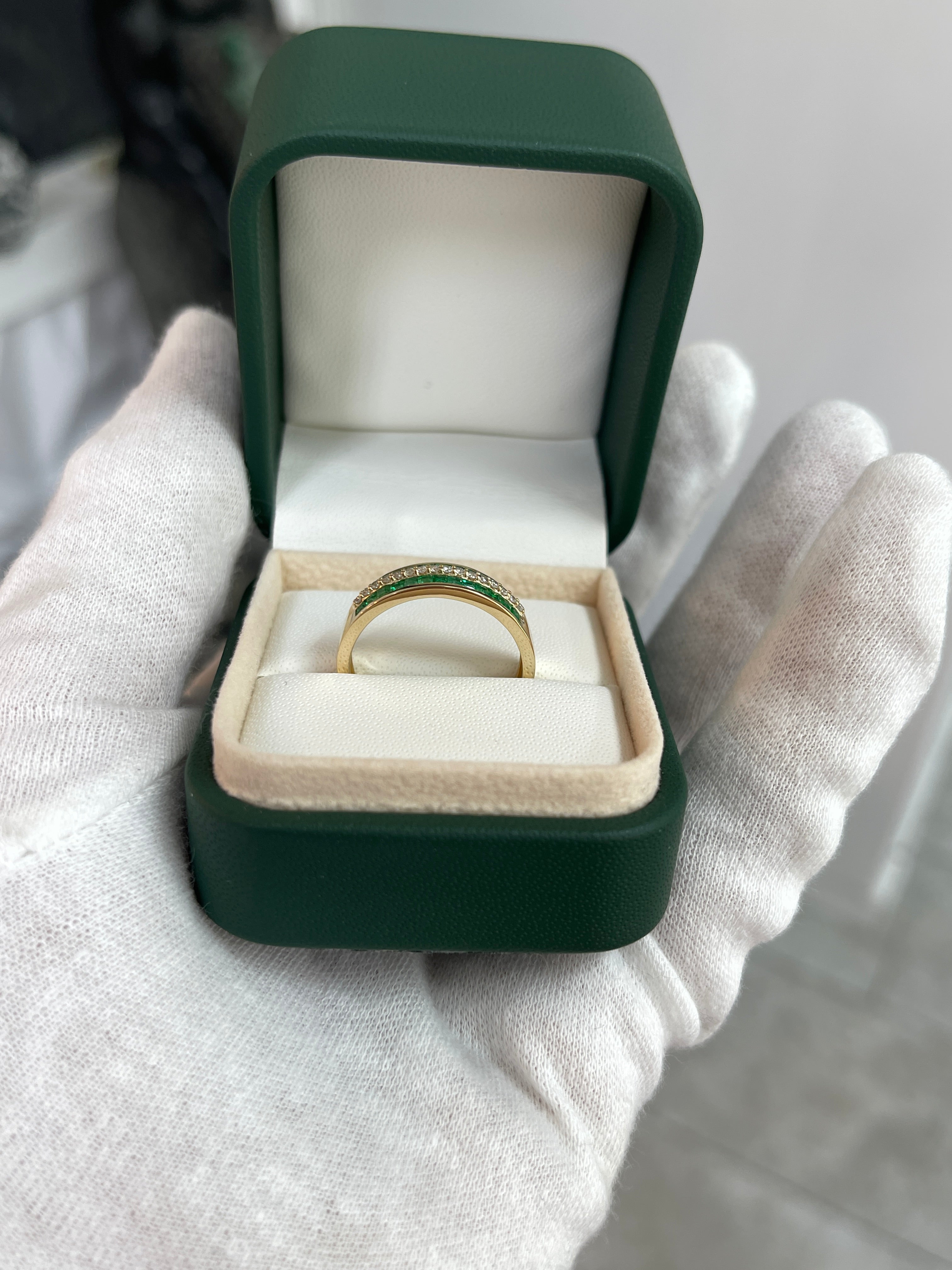 Three-row square emerald and diamond wedding band in 14K gold by JR Colombian Emeralds, featuring intricate gemstone settings.