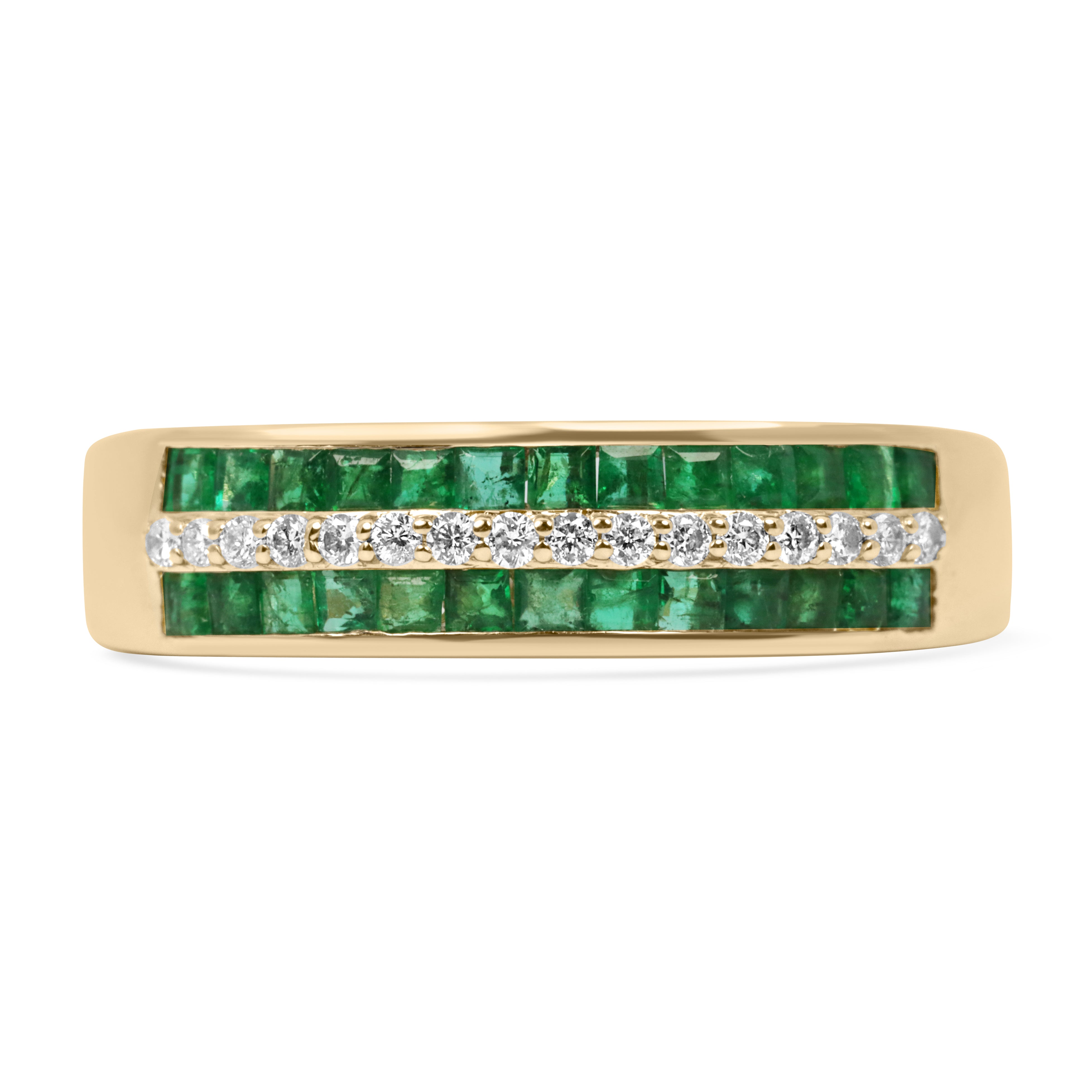 Three-row square emerald and diamond wedding band in 14K gold, featuring JR Colombian Emeralds craftsmanship.
