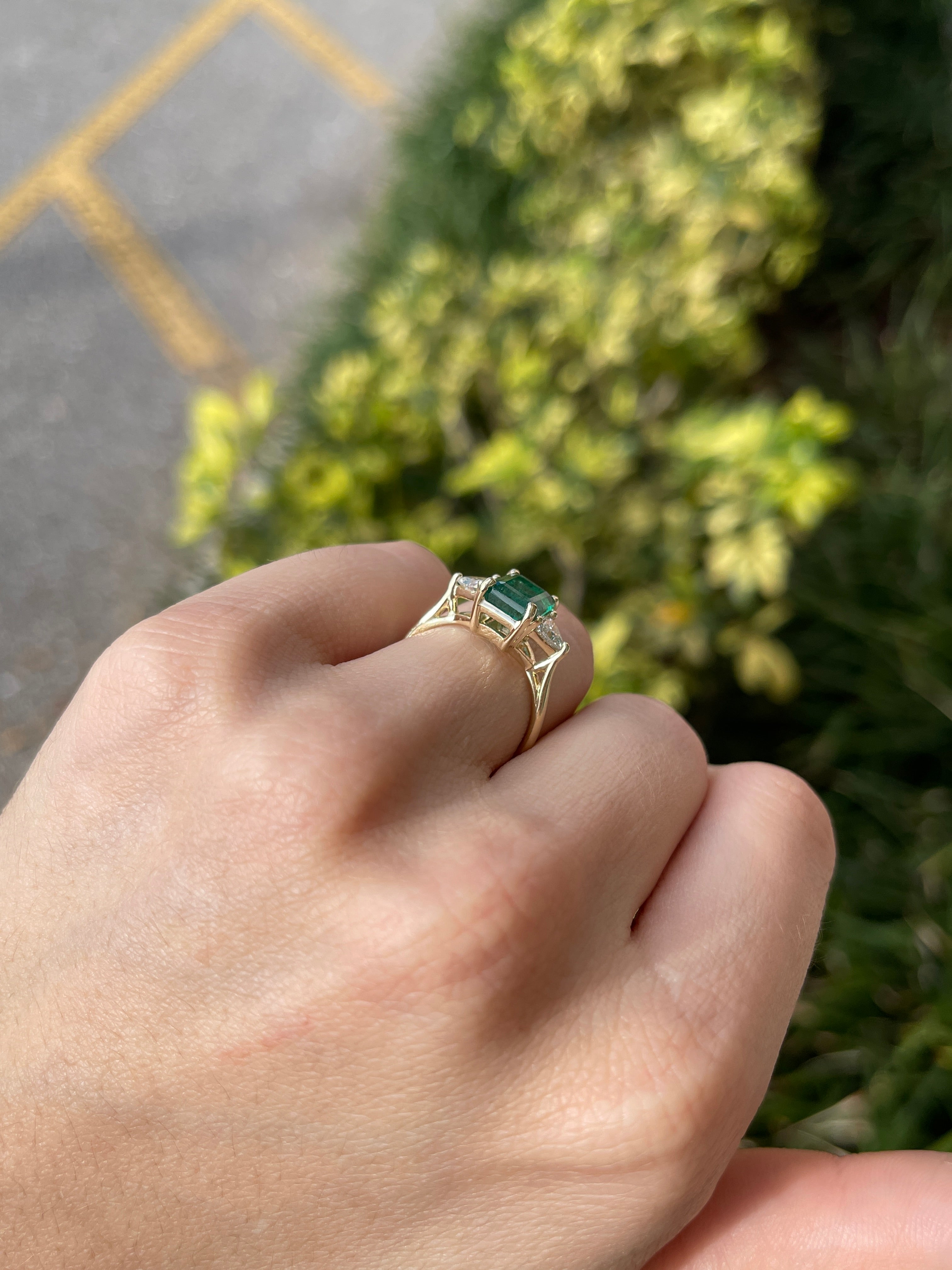 3.15tcw Natural Emerald & Lab Trillion Cut Diamond Three Stone