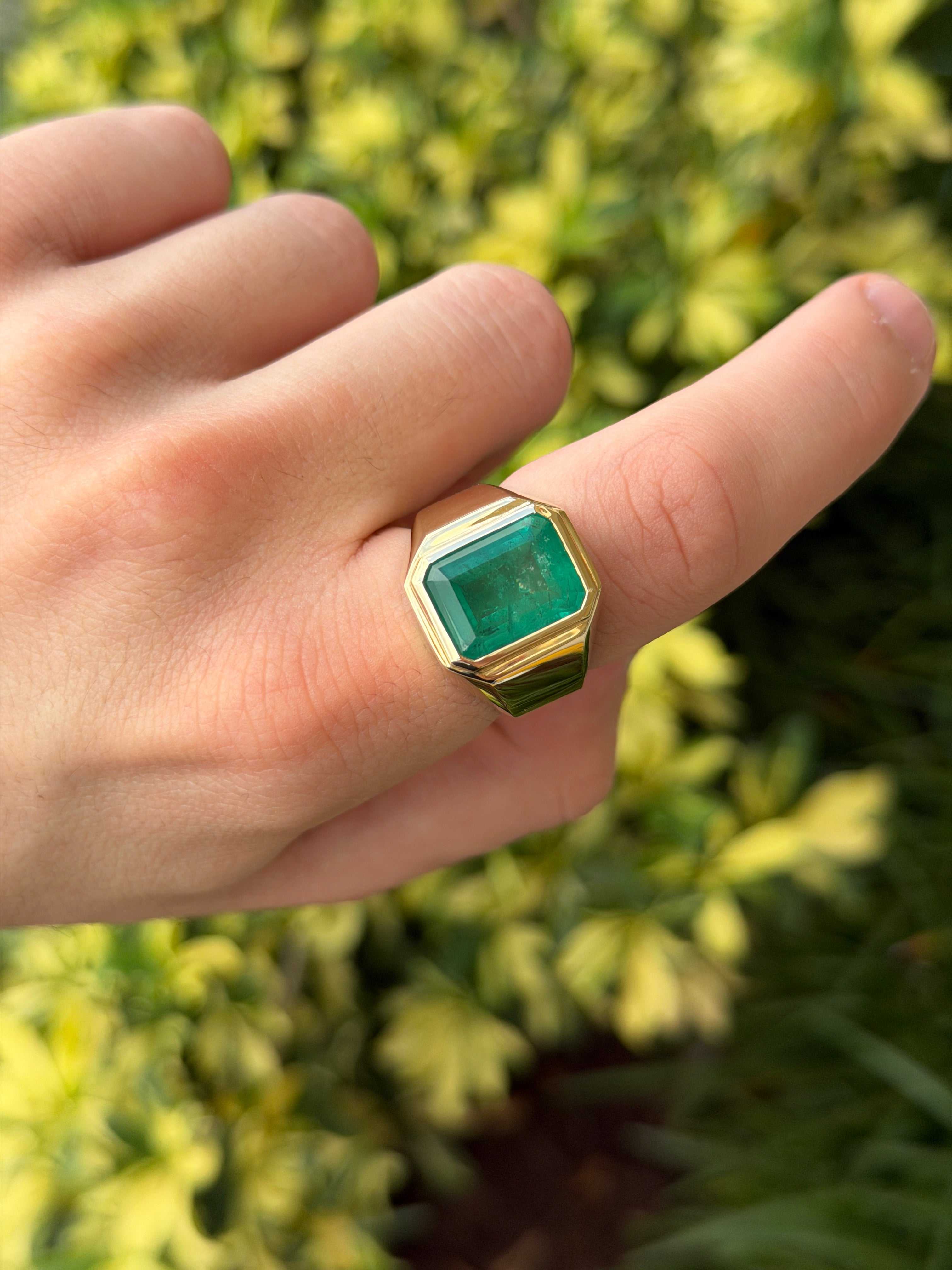 9.64ct 14K XL Bezel Set Emerald Cut Emerald Men's Signet Ring