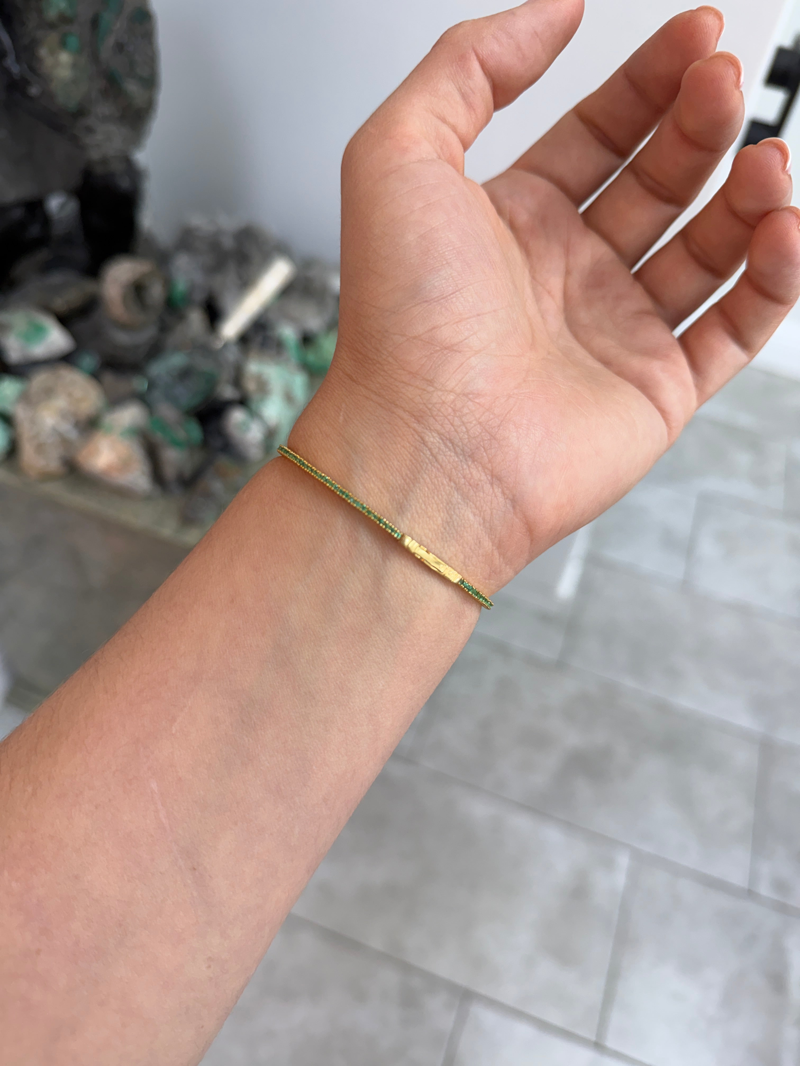 1.10tcw 14K Petite Stacking Round Cut Emerald Tennis Bracelet