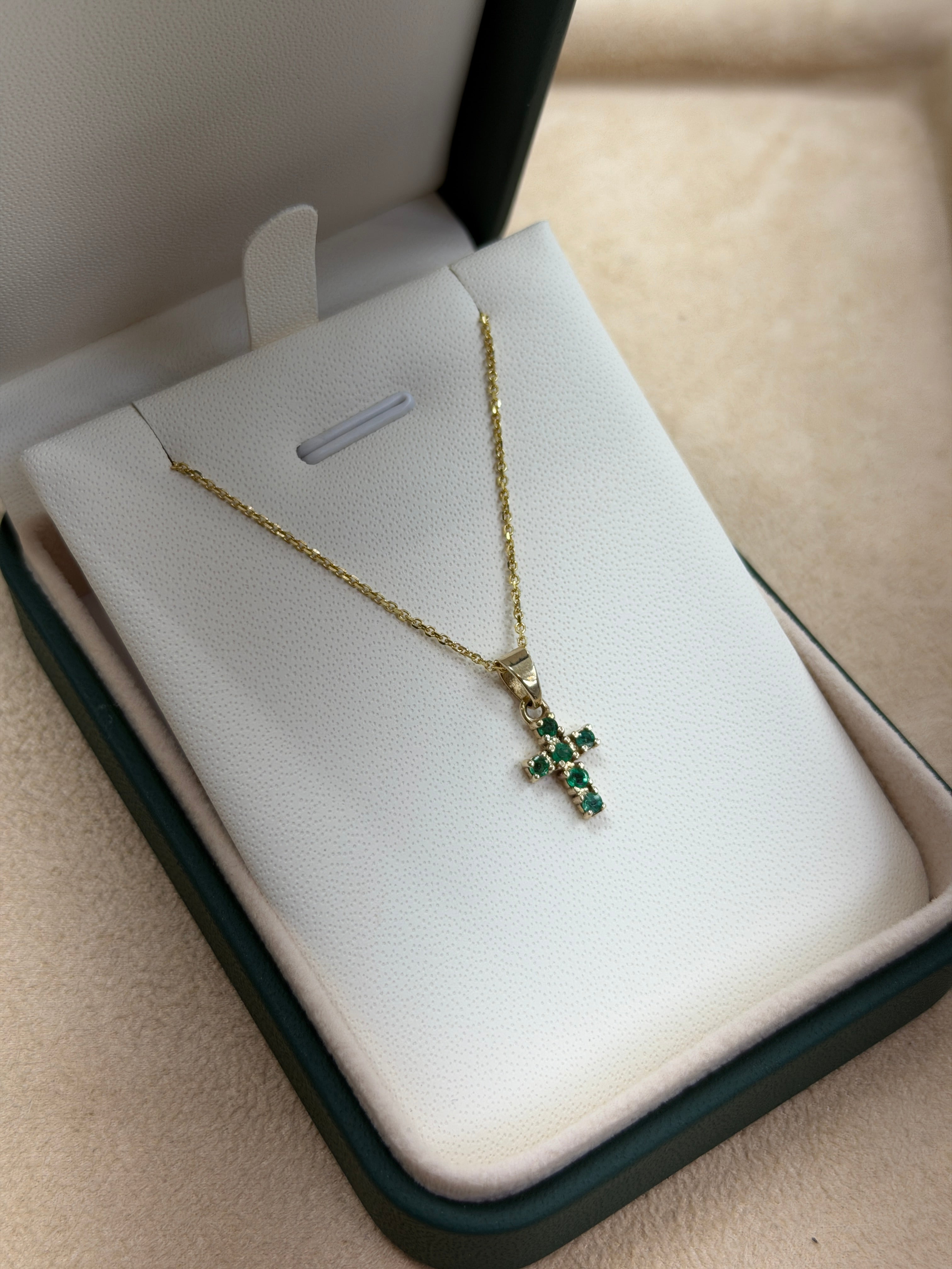 0.24tcw Petite Emerald Cross Necklace 14K - JR Colombian Emeralds