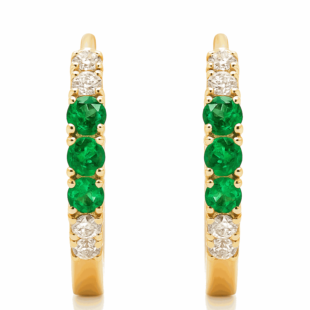 14K yellow gold round emerald and diamond huggie earrings with vivid green stones and brilliant cut diamonds