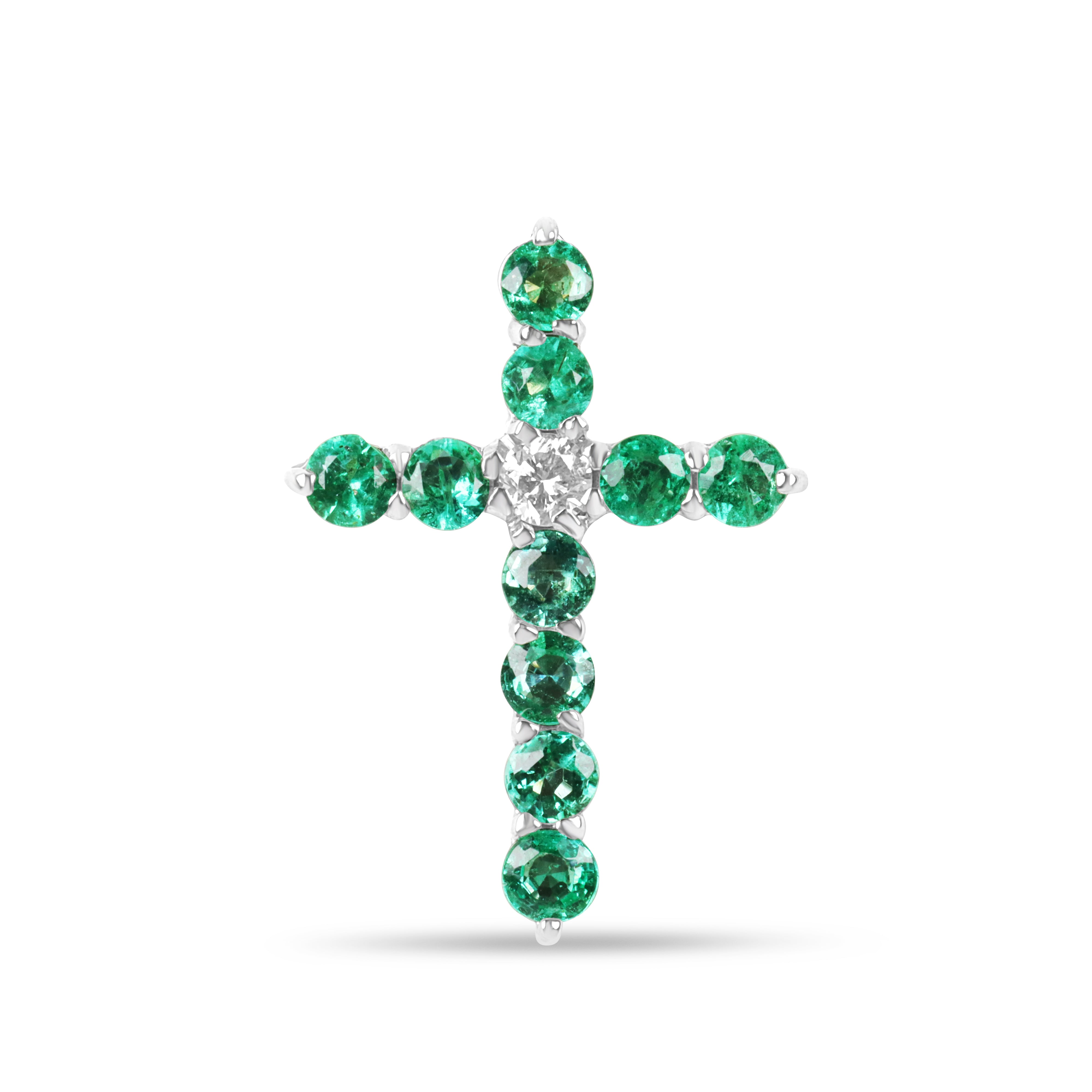 14K white gold cross necklace with 0.66tcw emerald and diamond accents, petite jewelry design by JR Colombian Emeralds.