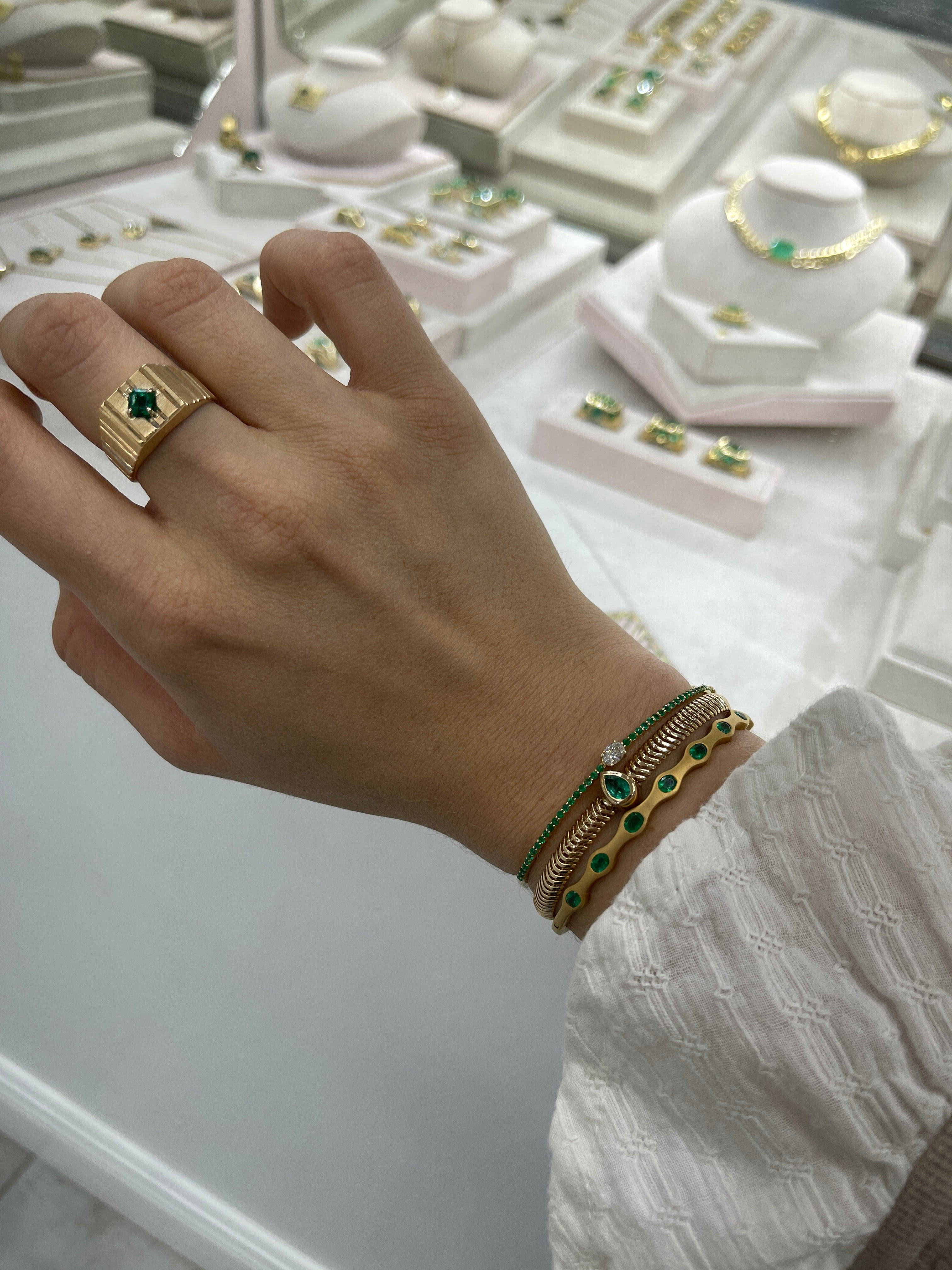 0.68tcw Teardrop Emerald and Diamond Snake Chain Bracelet in 14K