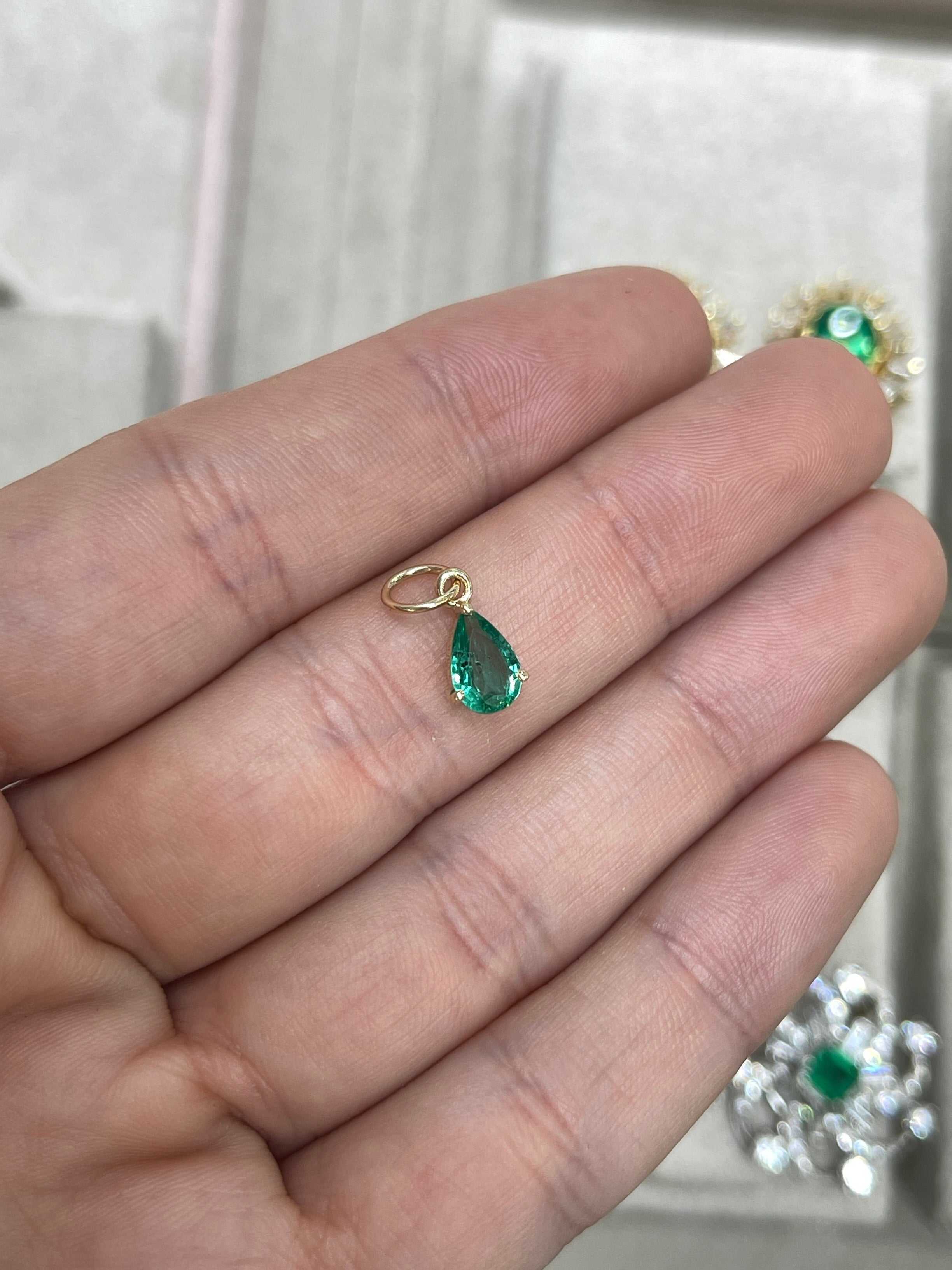 Petite 0.70ct natural freckled teardrop emerald pendant on 14K gold with prong setting by JR Colombian Emeralds