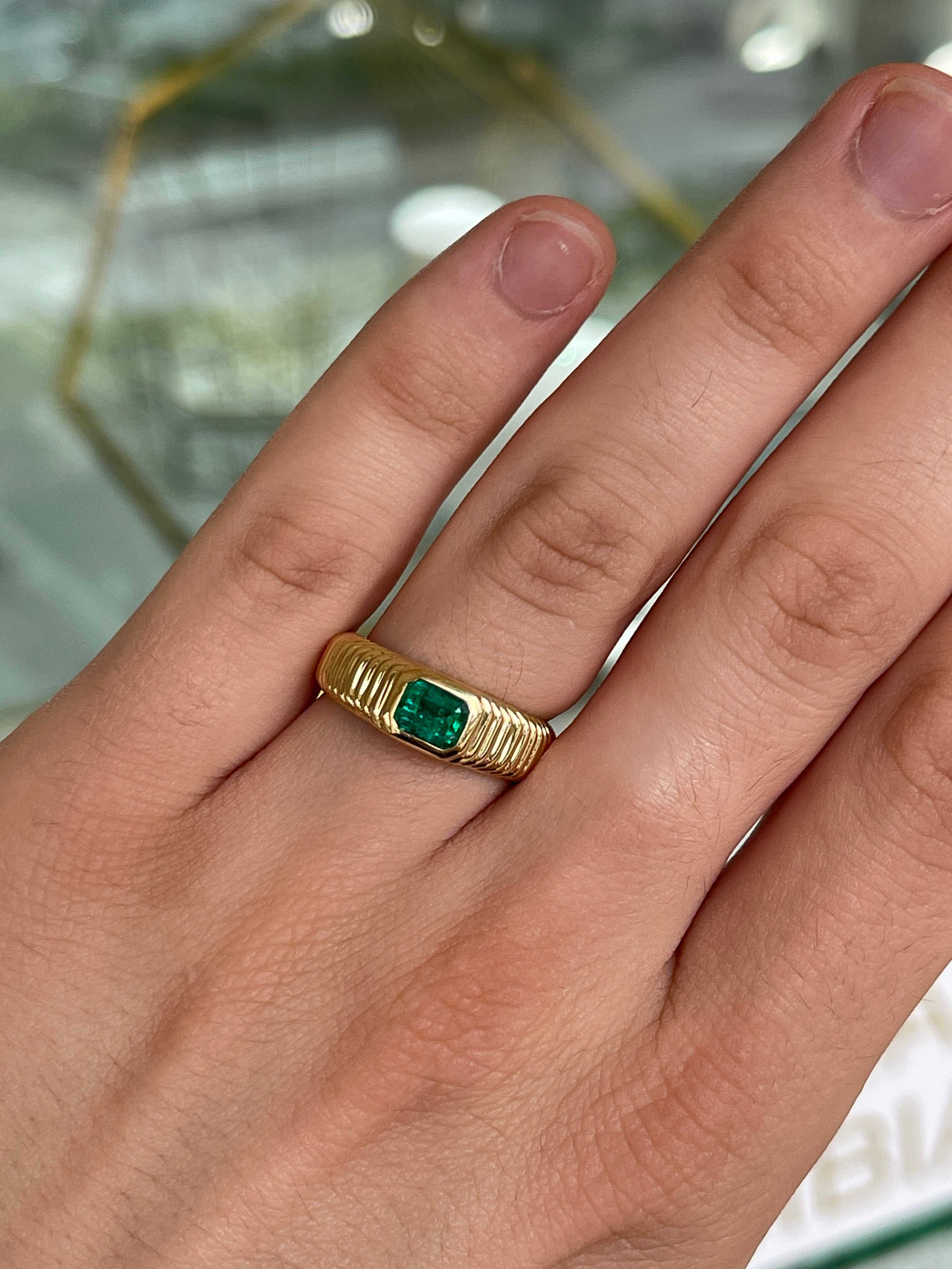 Men's 0.81 carat Colombian emerald ring with ribbed 18K yellow gold bezel, size 9, by JR Colombian Emeralds.