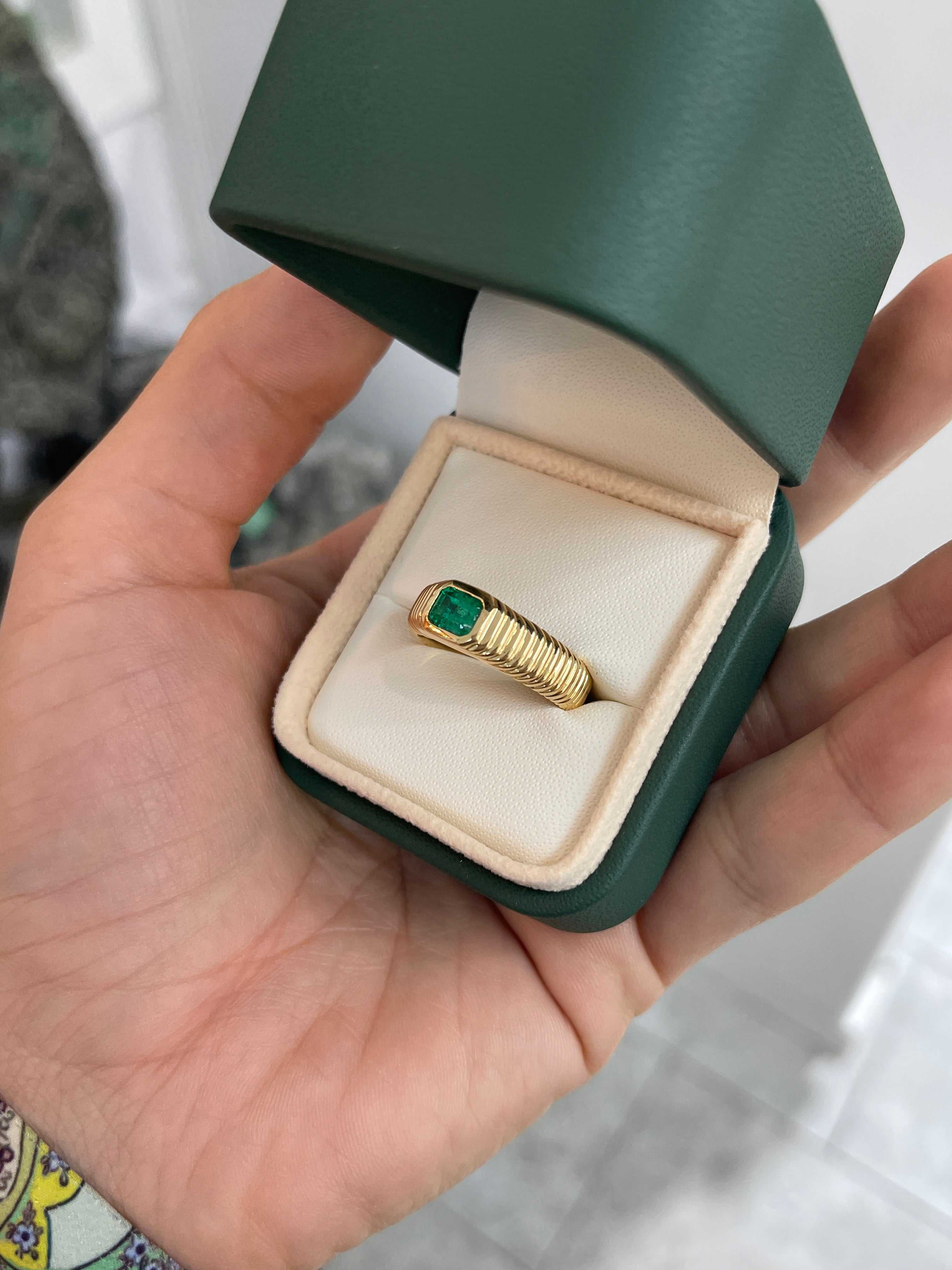 Mens 0.81 Carat Colombian Emerald ring with ribbed gold bezel in 18K yellow gold, size 9, by JR Colombian Emeralds.