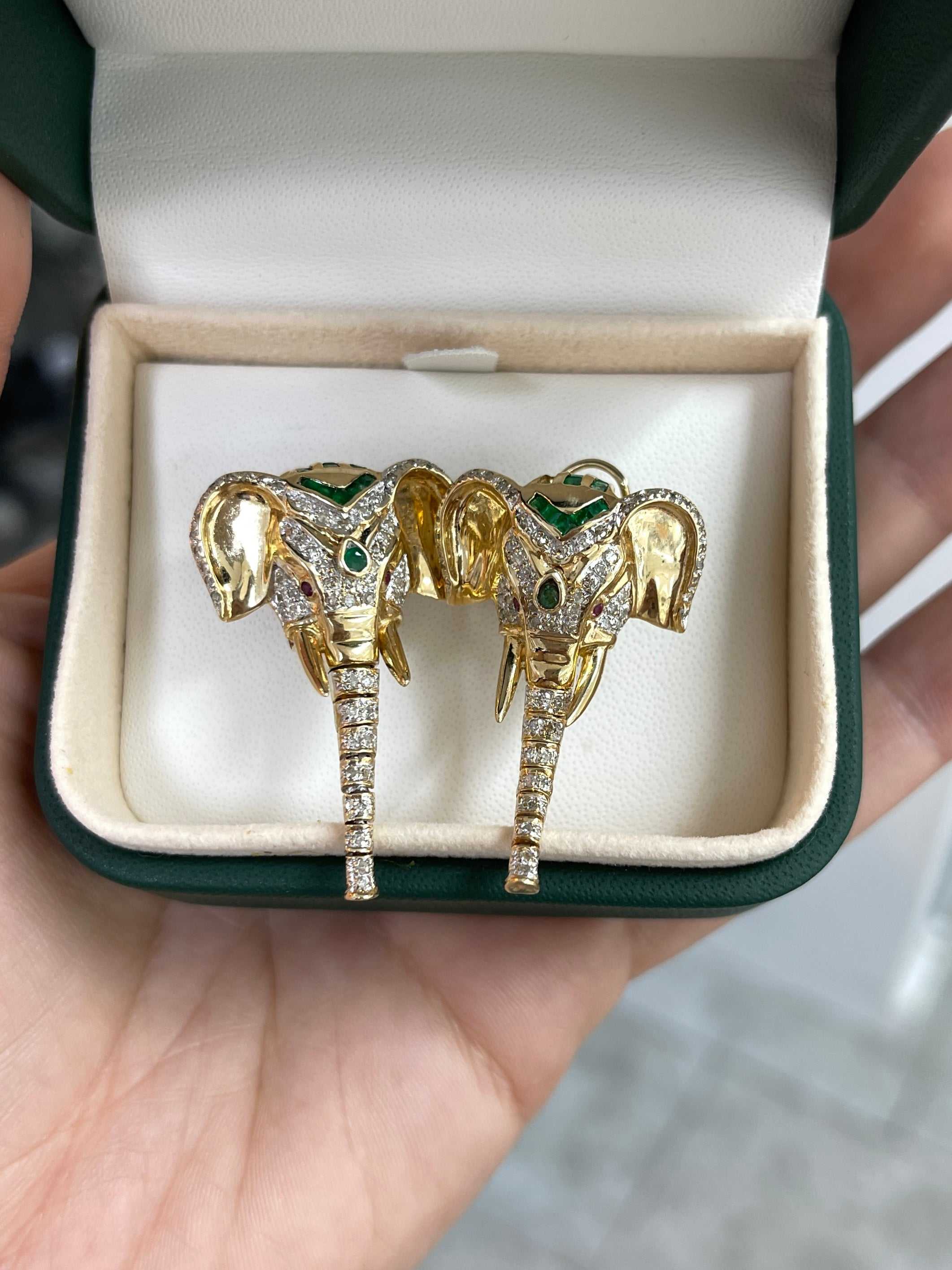 14K Gold Elephant Earrings with Diamonds Rubies Emeralds & Moving Trunk - JR Colombian Emeralds