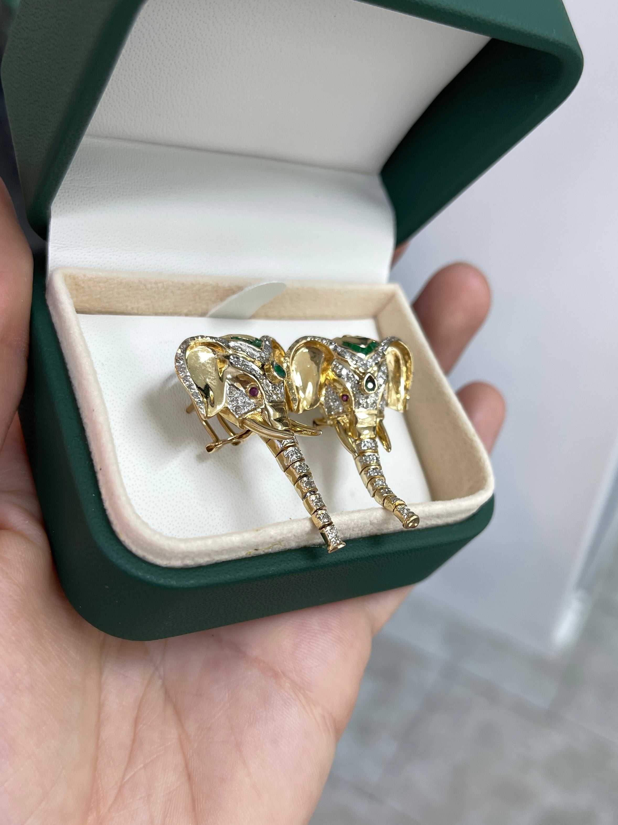 14K Gold Elephant Earrings with Diamonds Rubies Emeralds & Moving Trunk - JR Colombian Emeralds