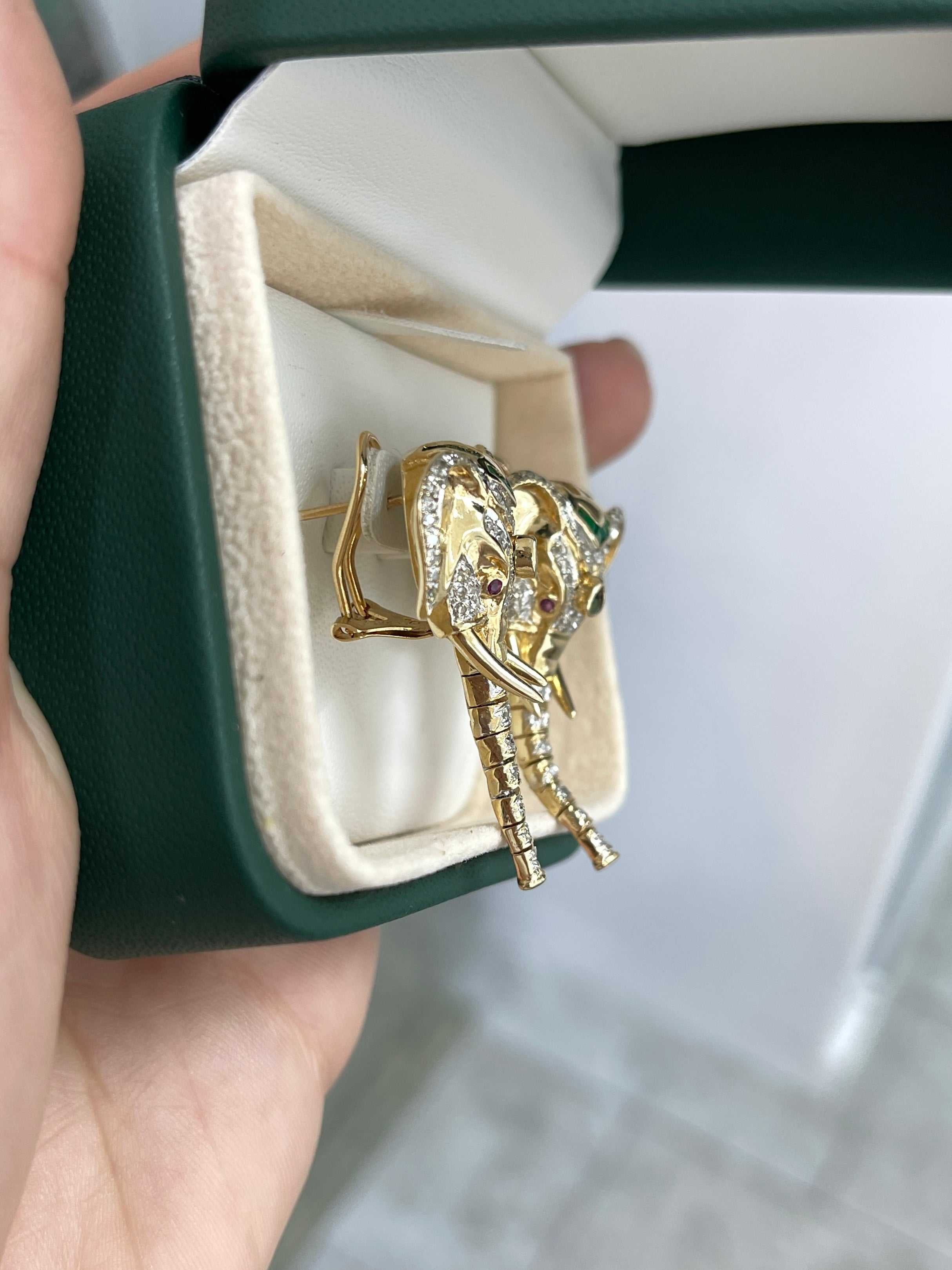 14K Gold Elephant Earrings with Diamonds Rubies Emeralds & Moving Trunk - JR Colombian Emeralds