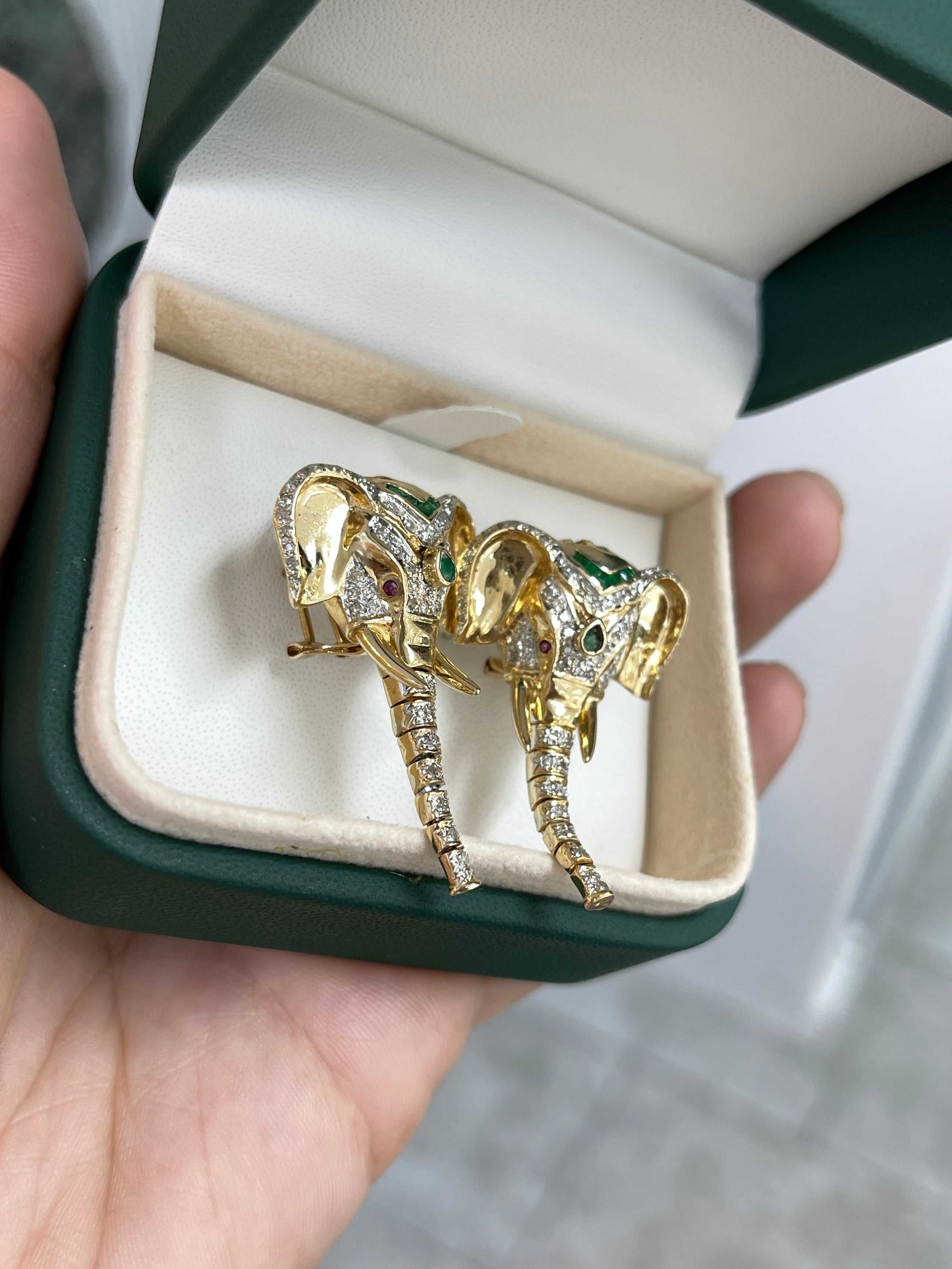14K Gold Elephant Earrings with Diamonds Rubies Emeralds & Moving Trunk - JR Colombian Emeralds