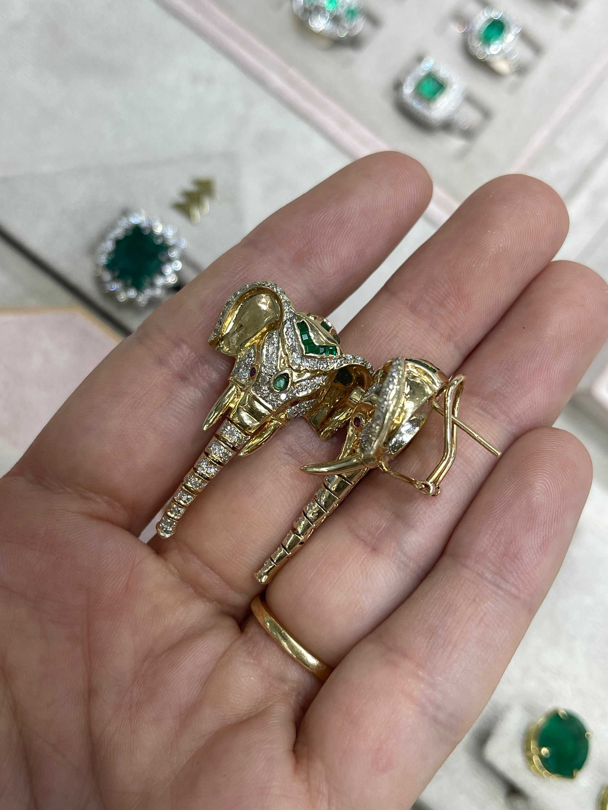 14K Gold Elephant Earrings with Diamonds Rubies Emeralds & Moving Trunk - JR Colombian Emeralds