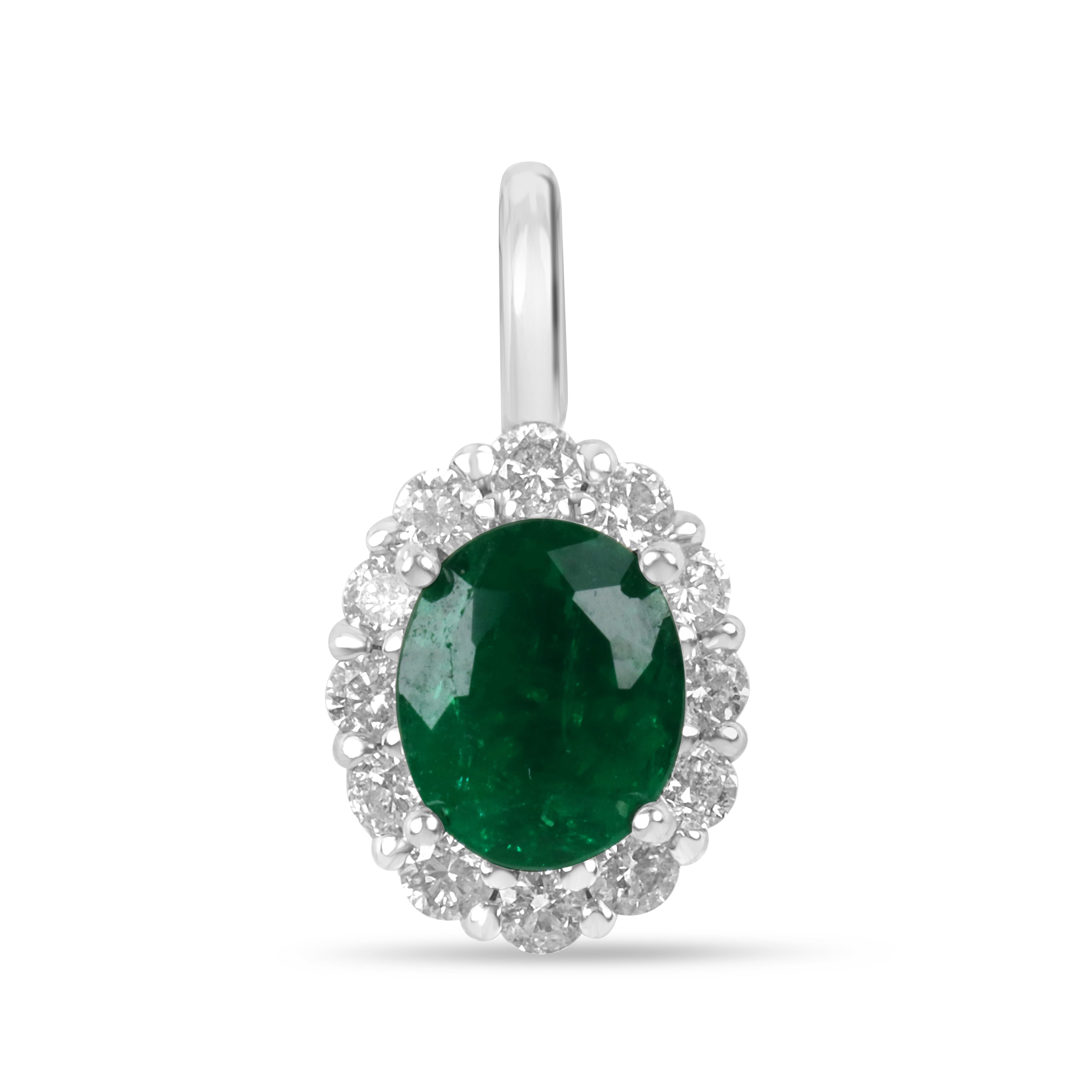 1.01tcw AAA+ Oval Colombian Emerald & Diamond Halo White Gold Necklace 14K