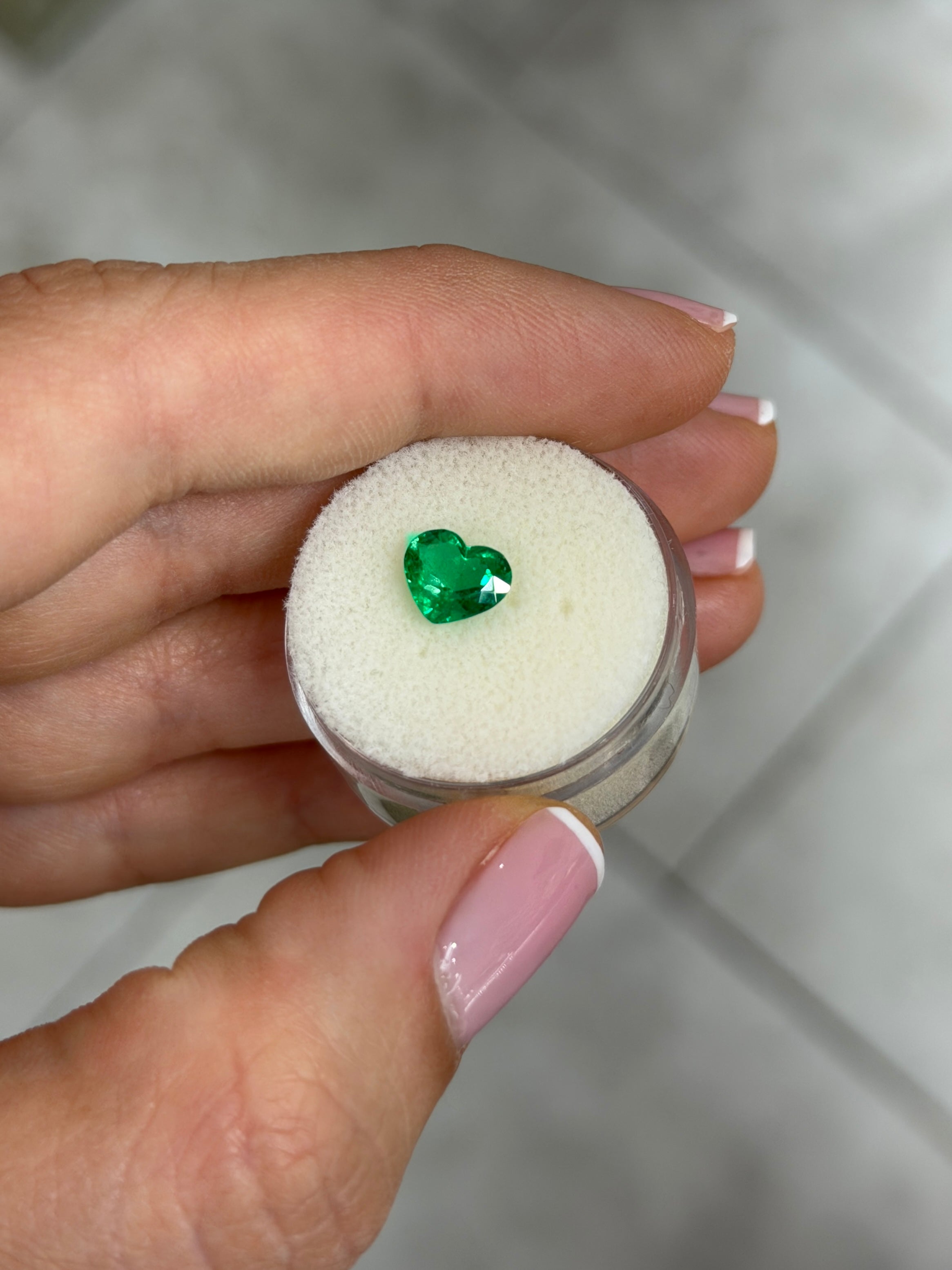 Natural 1.08 carat AAA+ old mine Muzo green Colombian emerald heart-shaped loose gemstone from JR Colombian Emeralds.