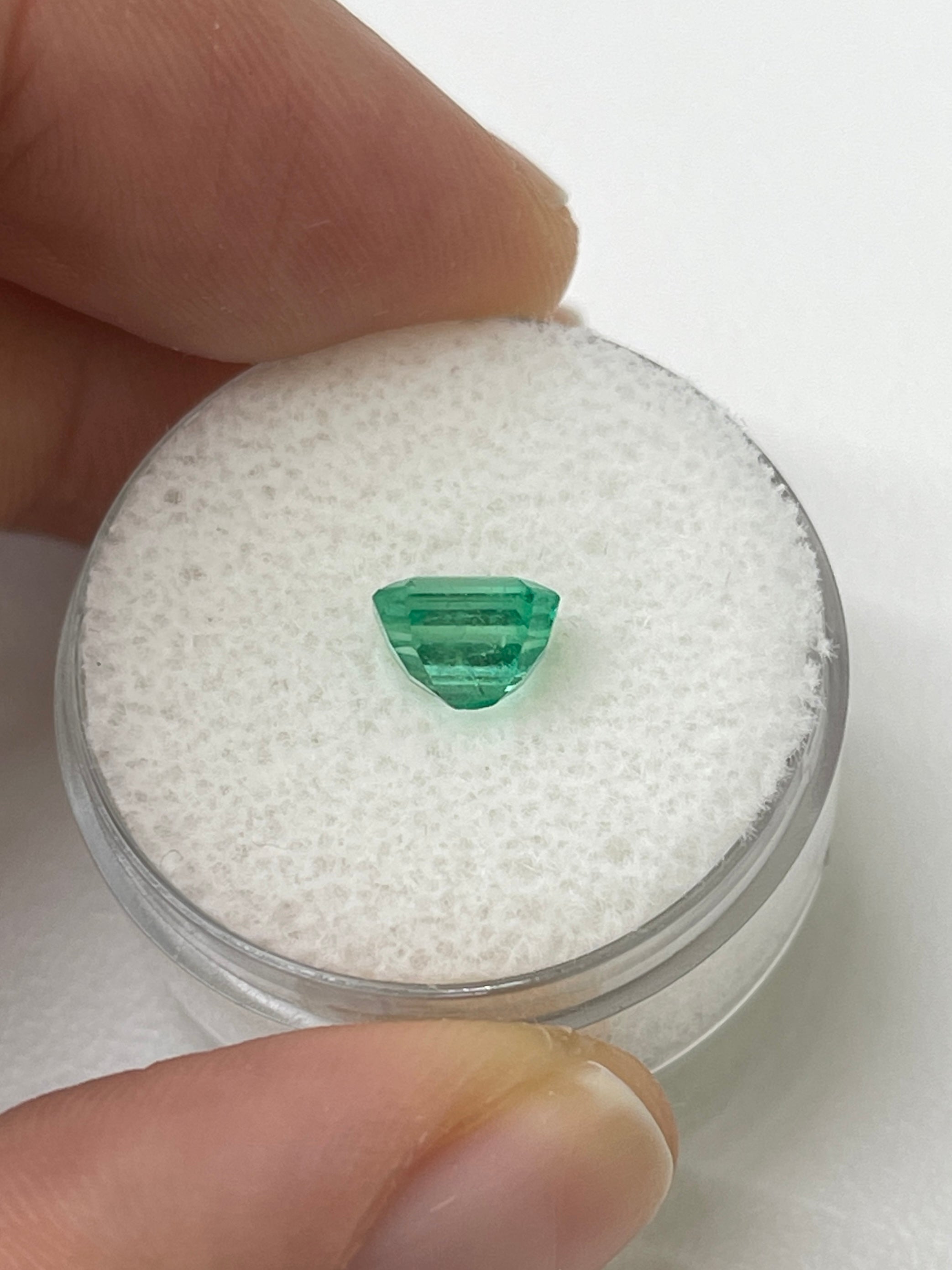 1.22 carat bluish green natural Colombian emerald loose gemstone with emerald cut, from JR Colombian Emeralds.