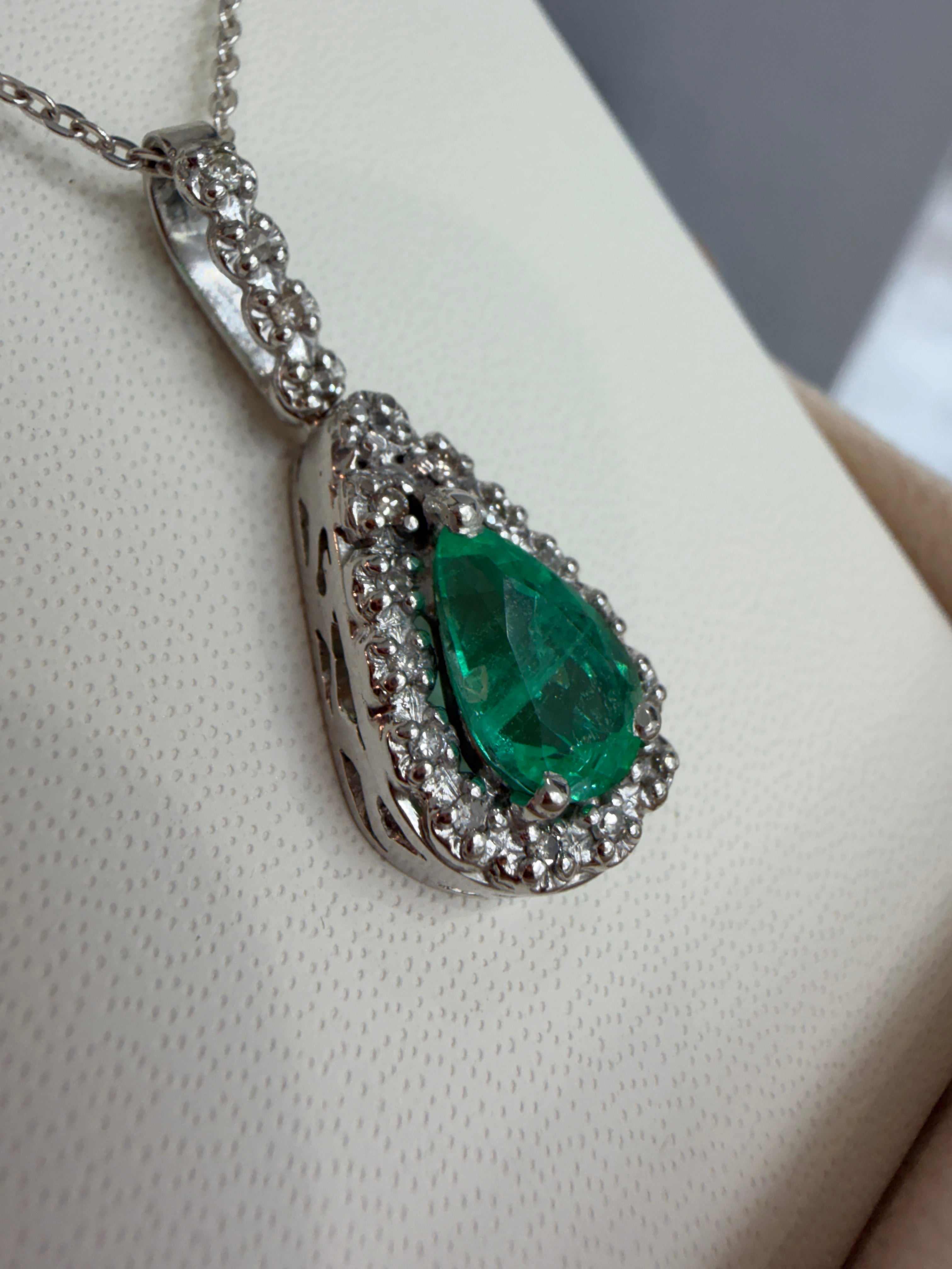 1.22tcw Organic- Hand Made 14K White Gold Colombian Emerald Pear & Diamond Halo Necklace - JR Colombian Emeralds