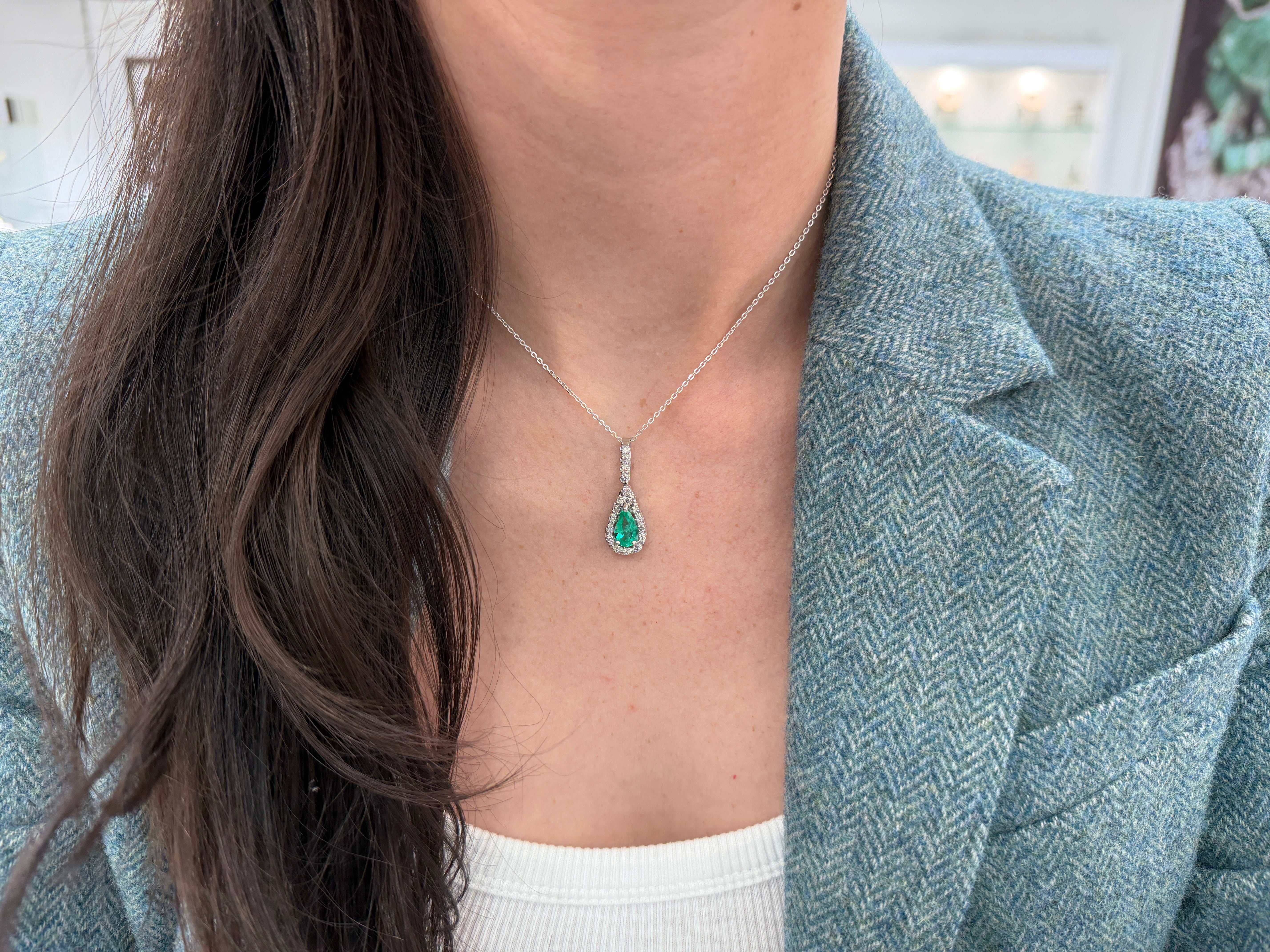 1.22tcw Organic- Hand Made 14K White Gold Colombian Emerald Pear & Diamond Halo Necklace - JR Colombian Emeralds