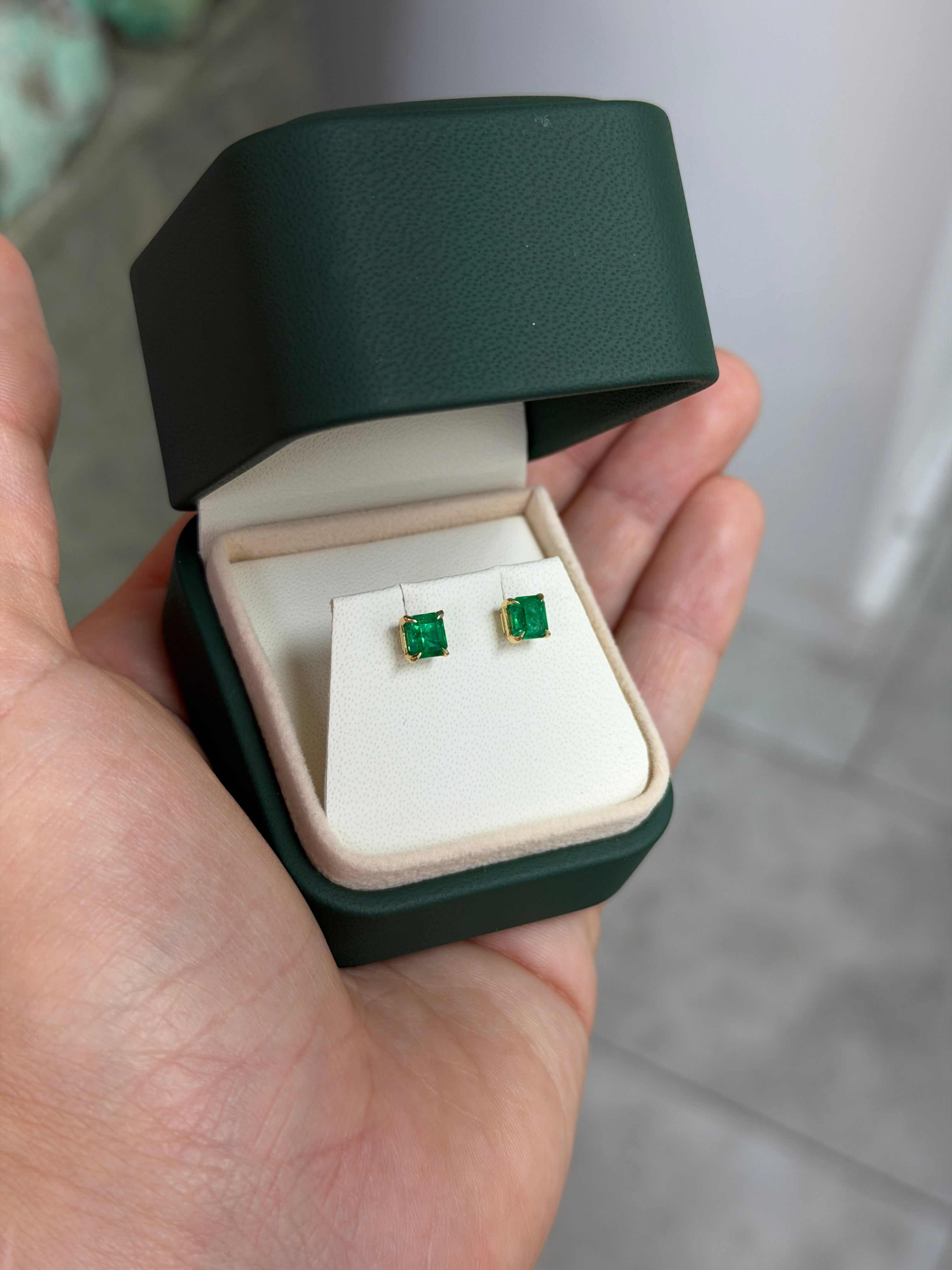 1.26tcw AAA+ Everyday Asscher Cut Colombian Emerald Studs 18K