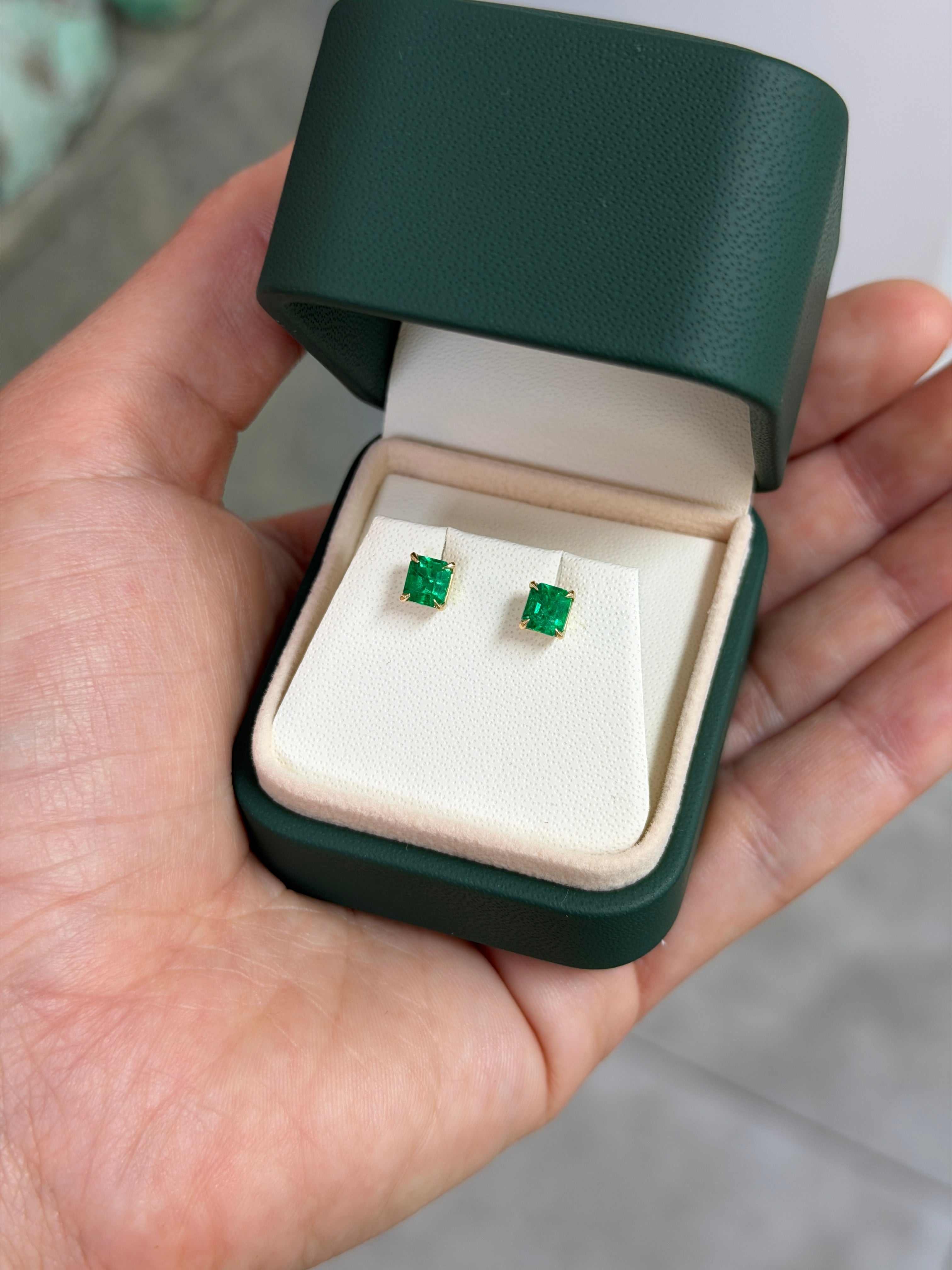 1.26tcw AAA+ Everyday Asscher Cut Colombian Emerald Studs 18K