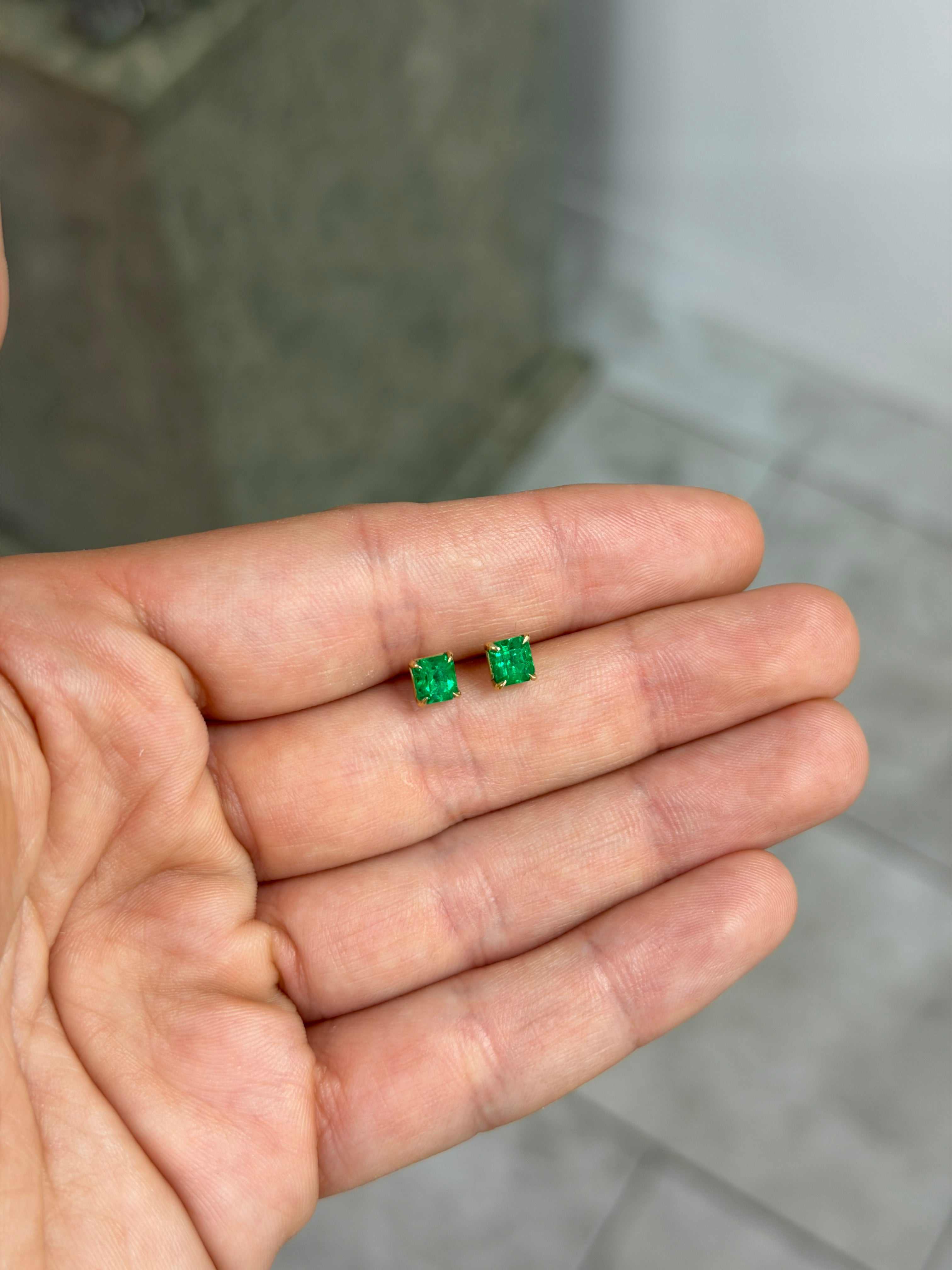 1.26tcw AAA+ Everyday Asscher Cut Colombian Emerald Studs 18K