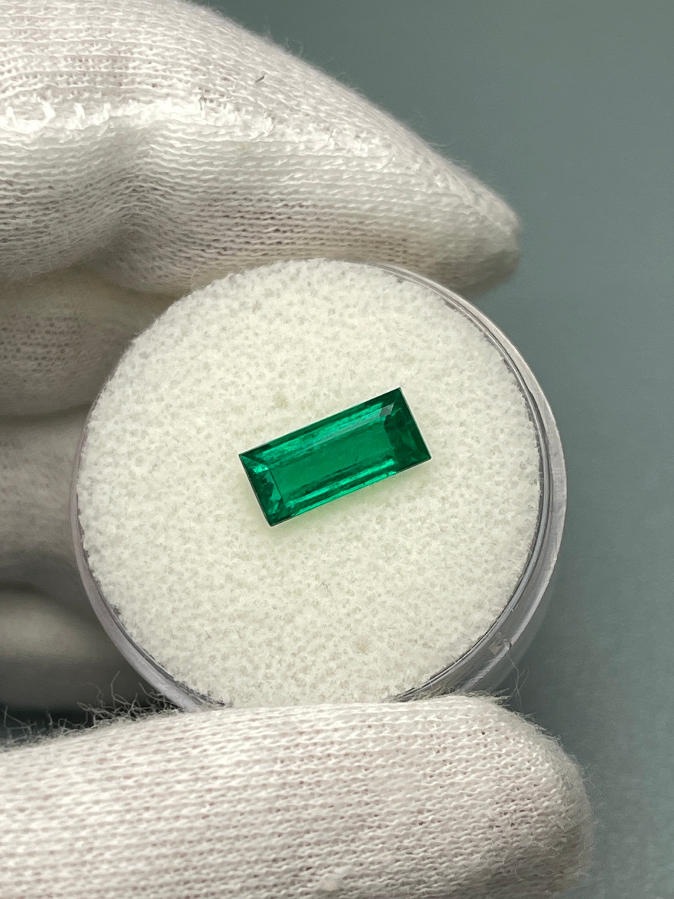 Natural 1.38 Carat AAA+ Muzo Colombian Emerald Baguette loose gemstone, 10x5 mm from JR Colombian Emeralds.