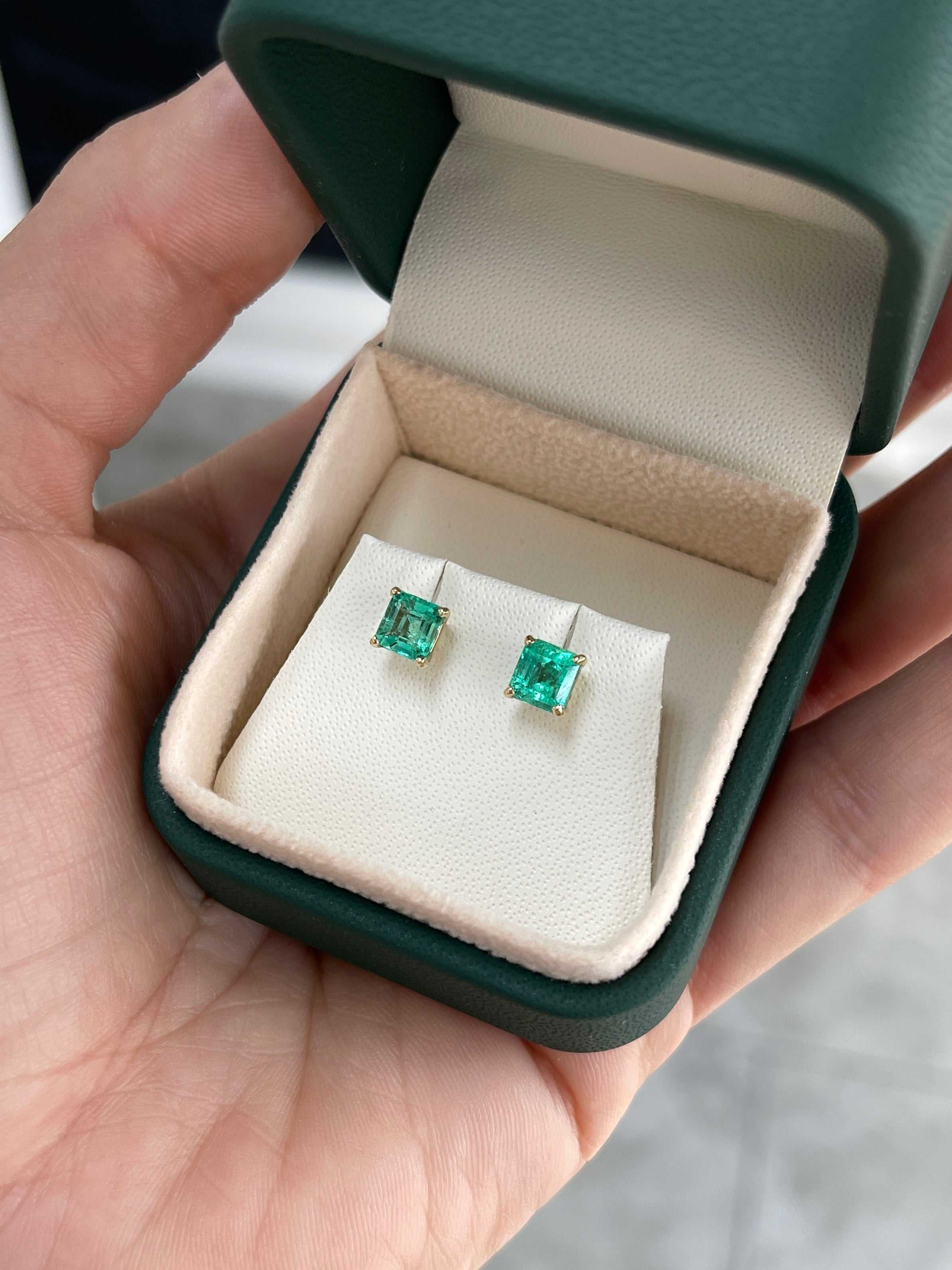 1.39tcw Vibrant Asscher Cut Colombian Emerald Studs 14K Yellow Gold - JR Colombian Emeralds