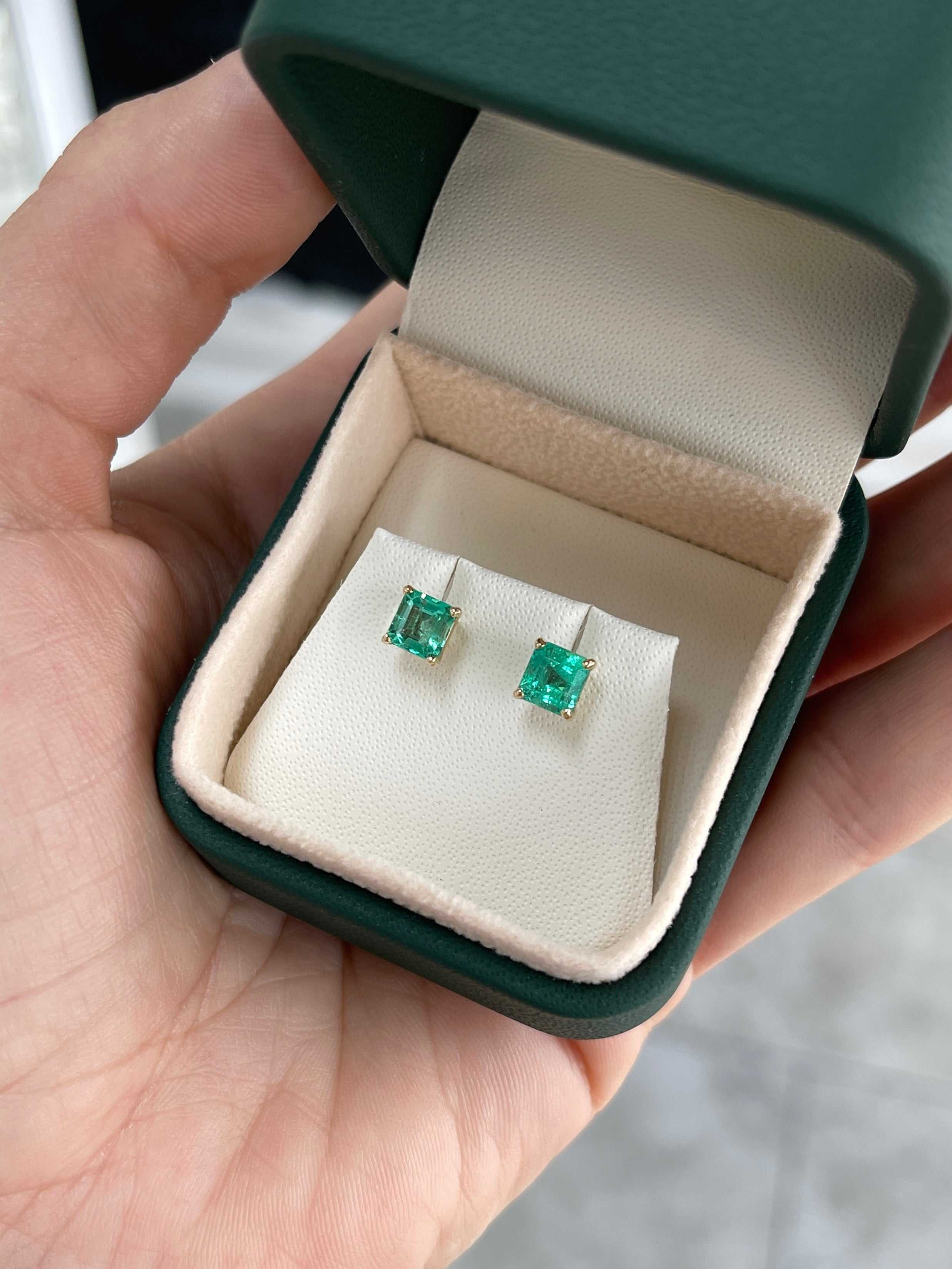 1.39tcw Vibrant Asscher Cut Colombian Emerald Studs 14K Yellow Gold - JR Colombian Emeralds